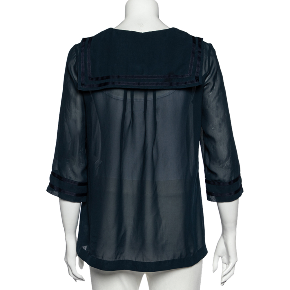 See By Chloe Midnight Blue Crepe Pleated Sailor Collar Blouse XL