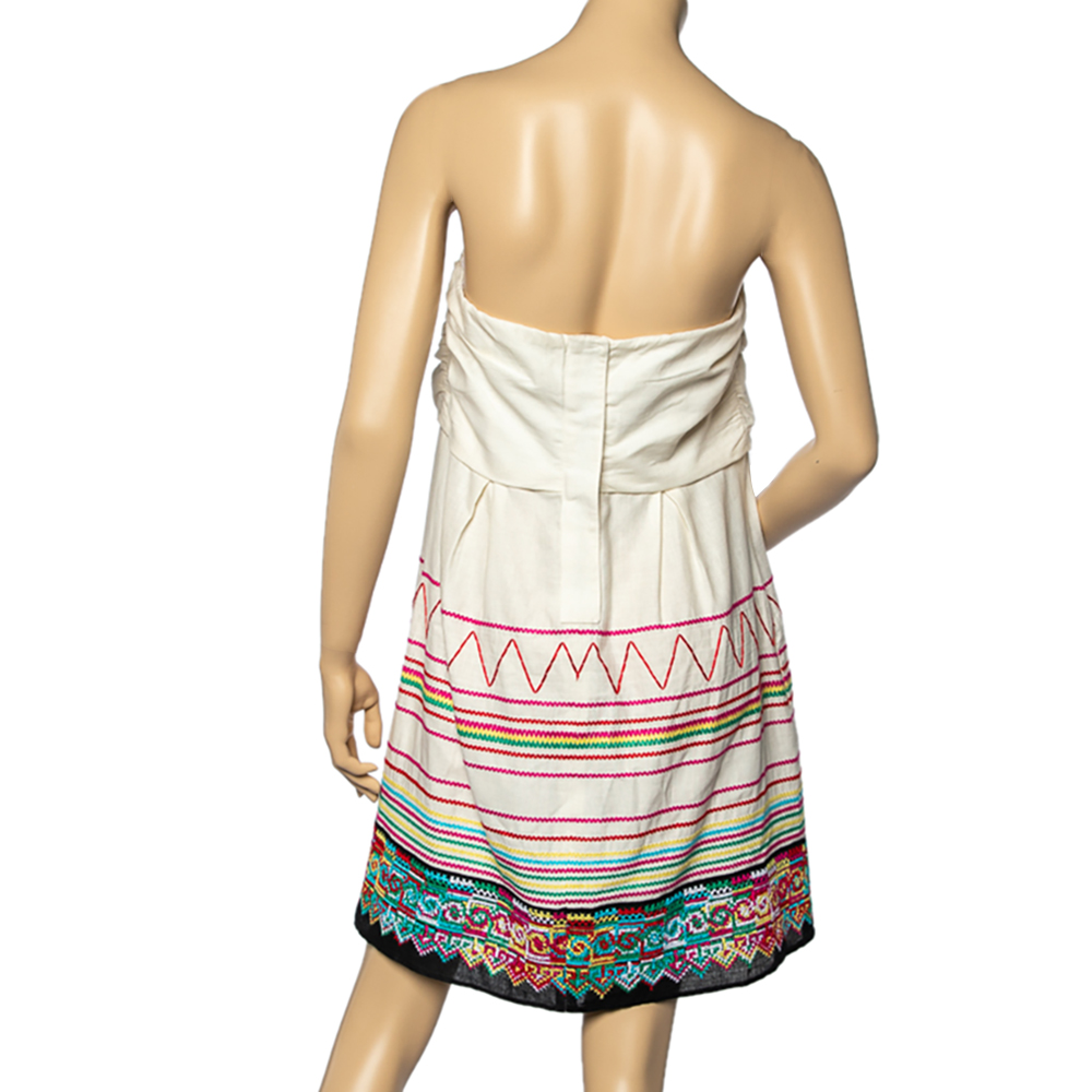 See By Chloe Cream Linen And Cotton Embroidered Draped Mini Dress XL