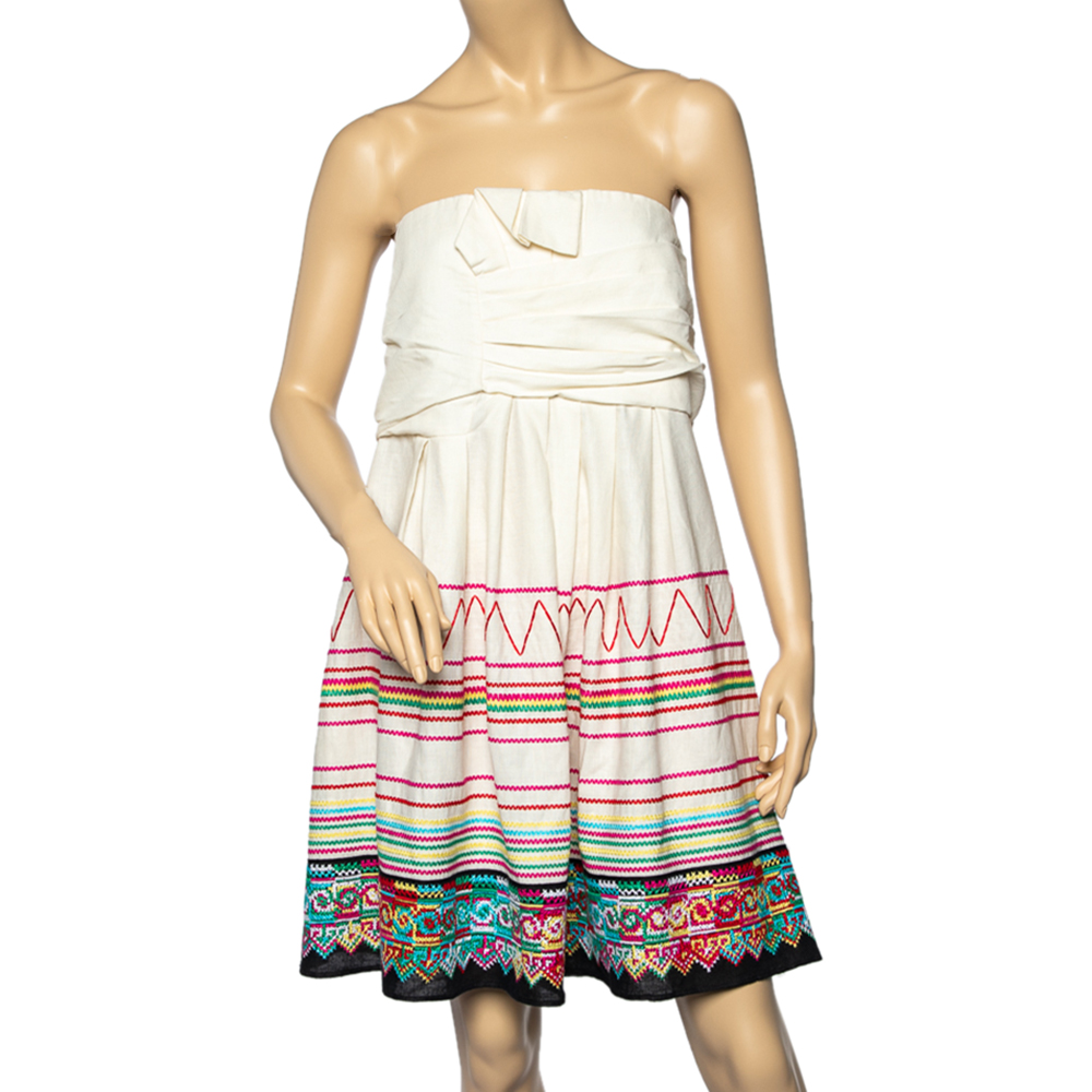 See By Chloe Cream Linen And Cotton Embroidered Draped Mini Dress XL