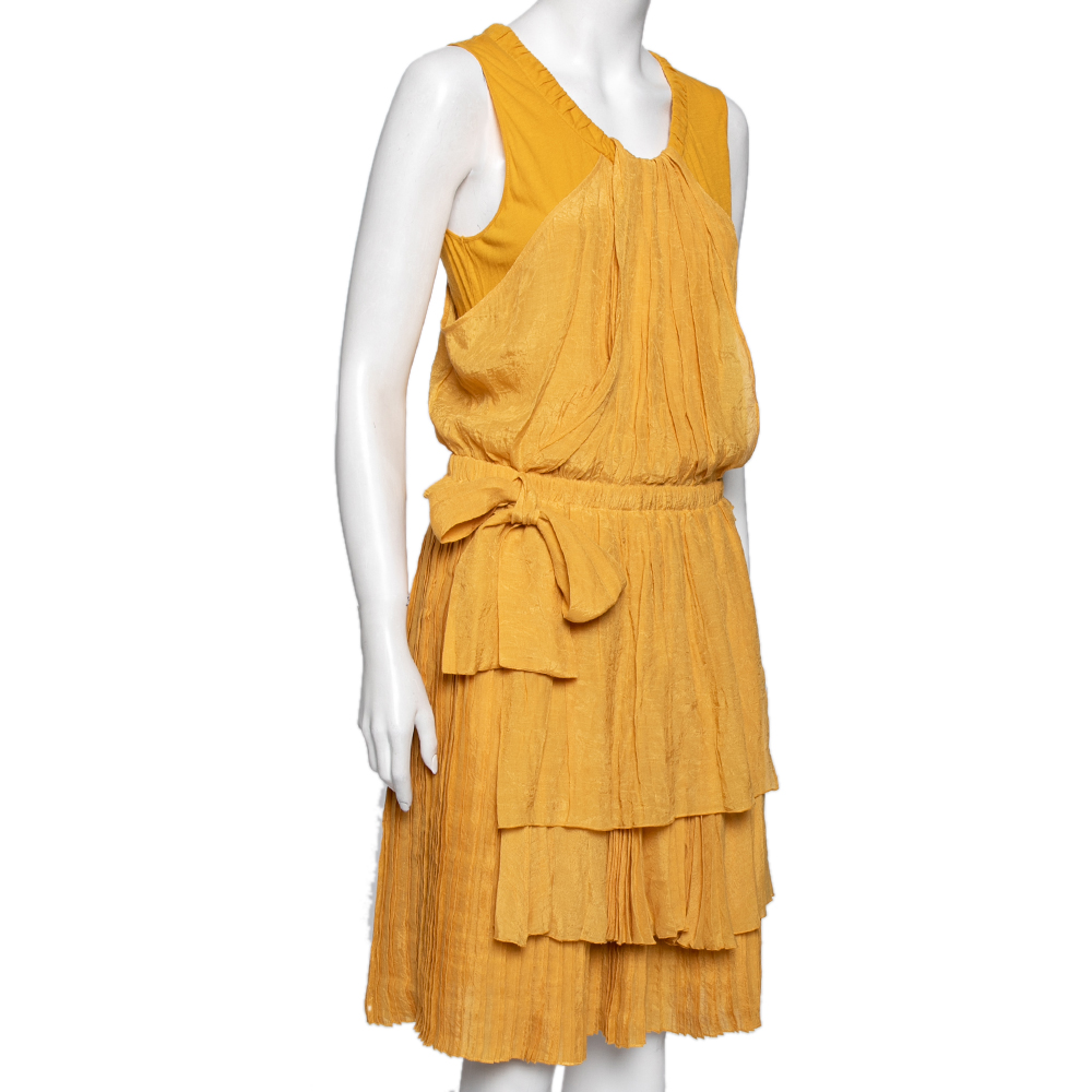 

See by Chloe Yellow Knit & Plisse Overlay Detail Sleeveless Mini Dress