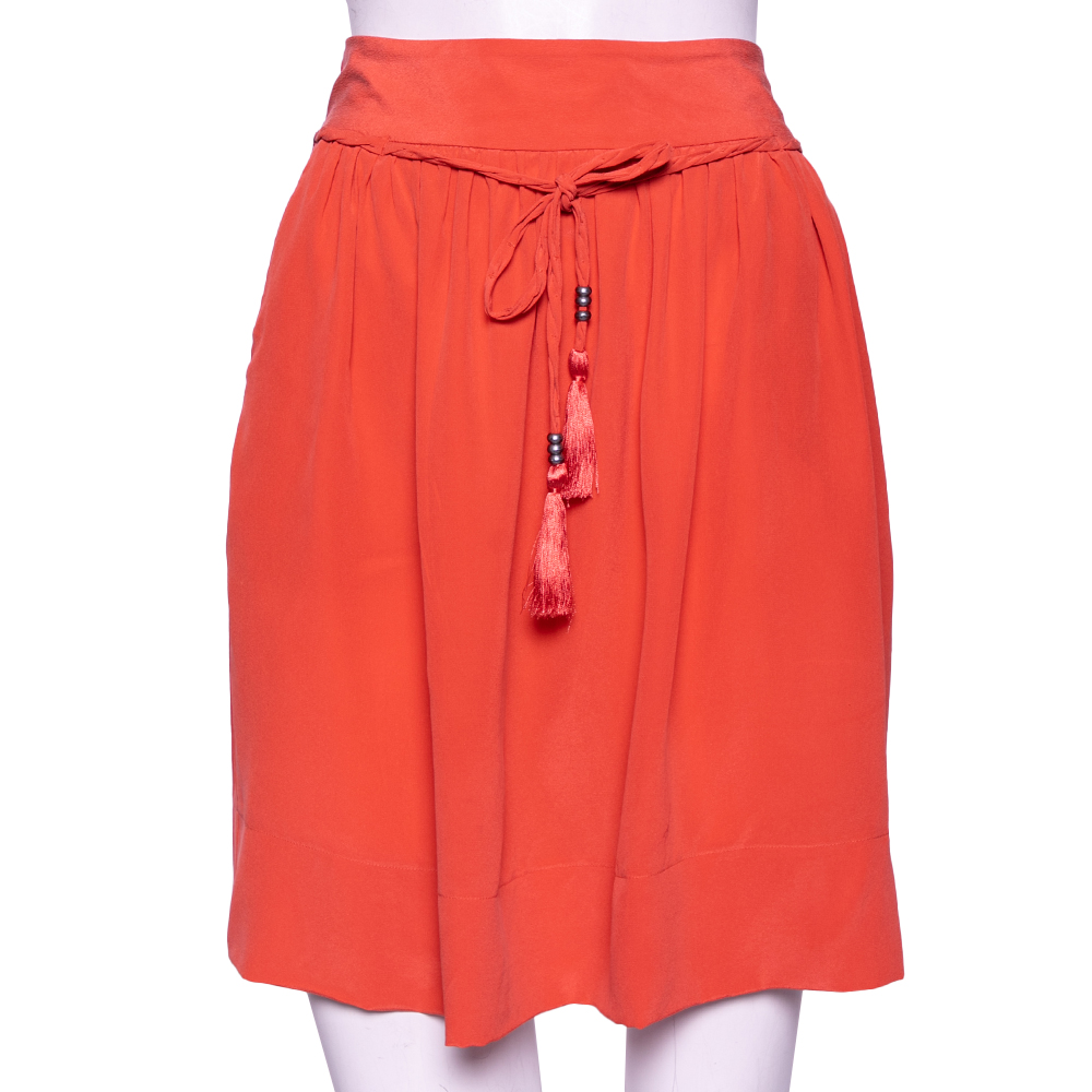 

See by Chloe Coral Pink Silk Braided Tasseled Belt Detail Skirt
