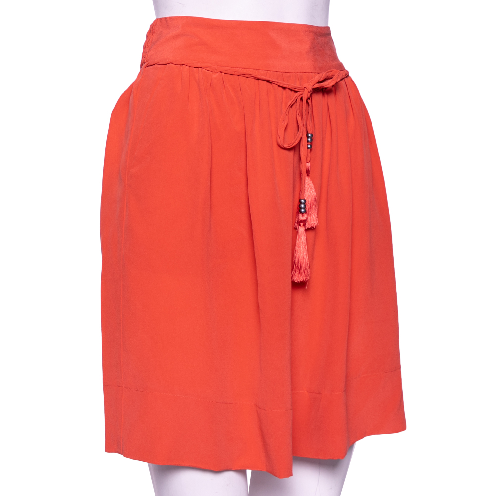 See By Chloe Coral Pink Silk Braided Tasseled Belt Detail Skirt M