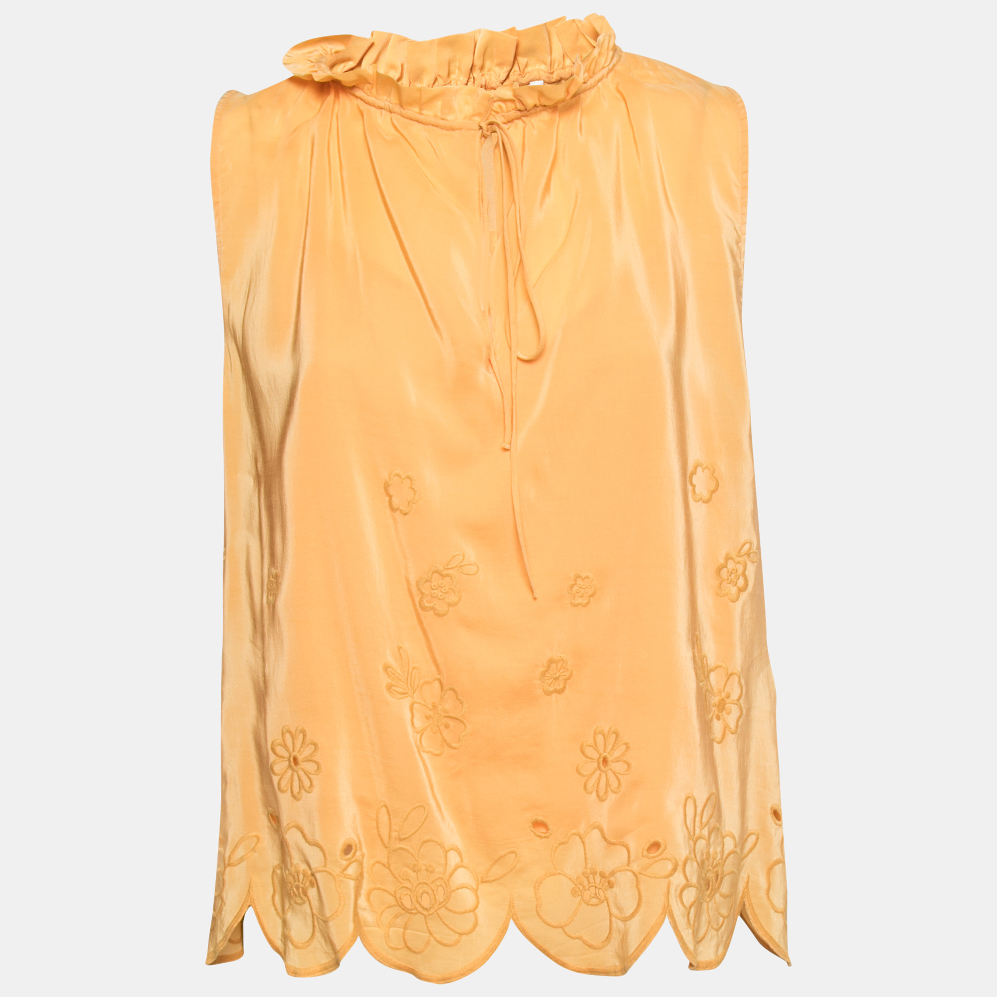 See By Chloe Yellow Crepe De Chine Floral Embroidered Sleeveless Top M