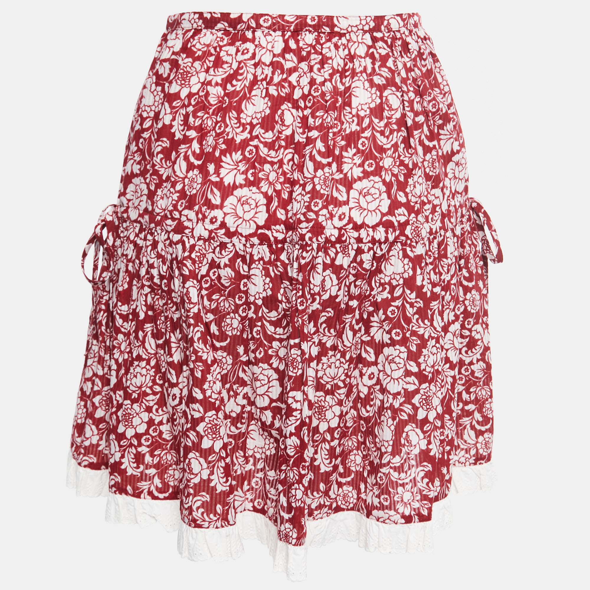 See By Chloe Red Floral Printed Cotton Lace Trimmed Mini Skirt S