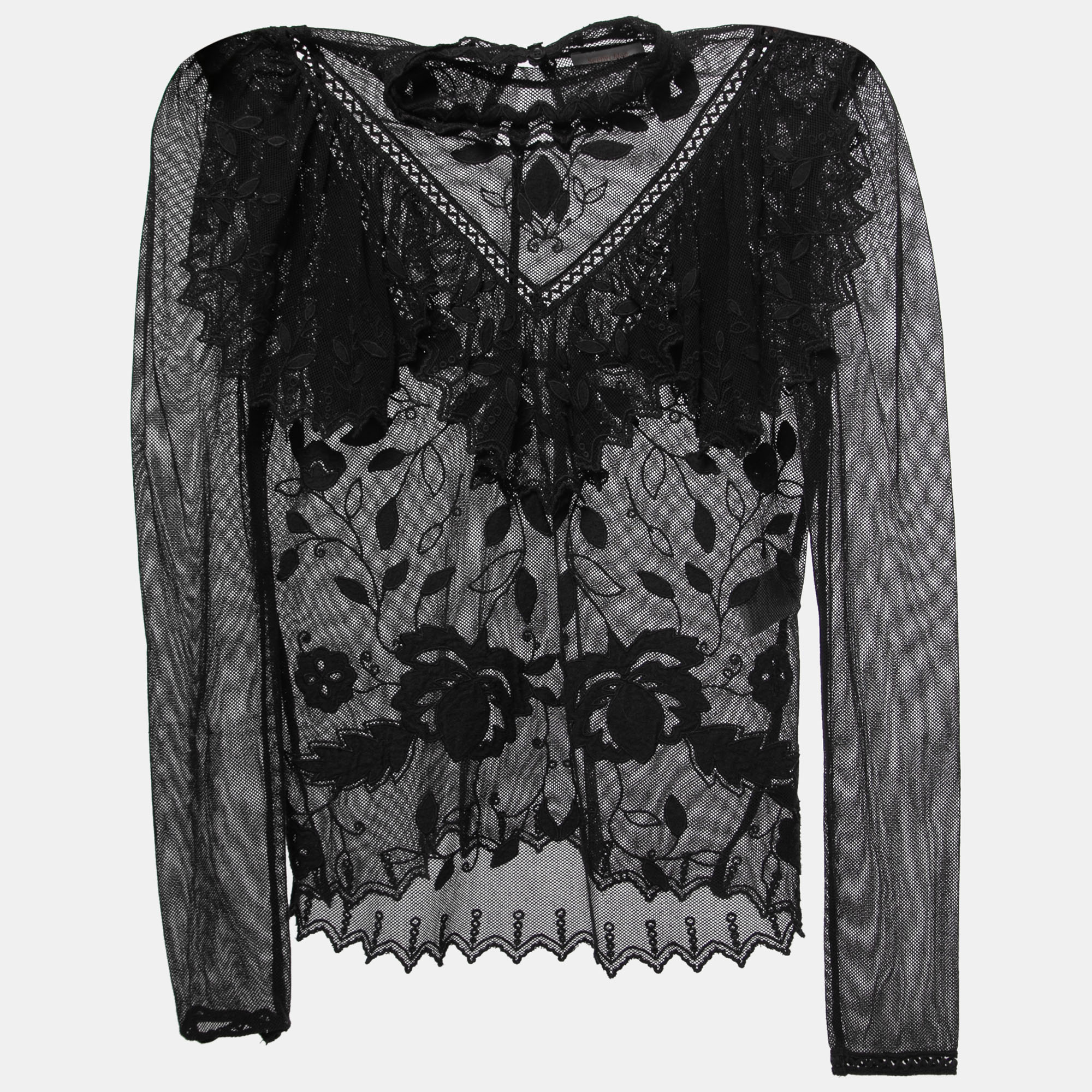 See By Chloe Black Embroidered Cotton Blend Ruffled Mesh Top M