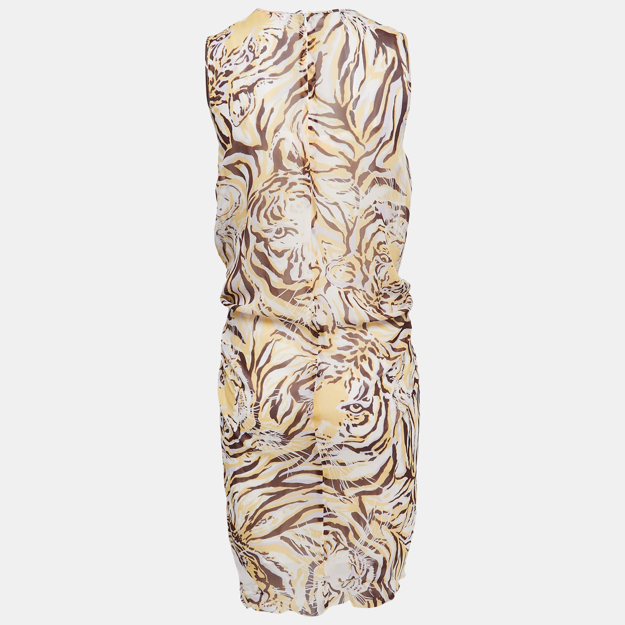 See By Chloe Brown/Yellow Tiger Print Silk Tie Waist Sleeveless Short Dress S