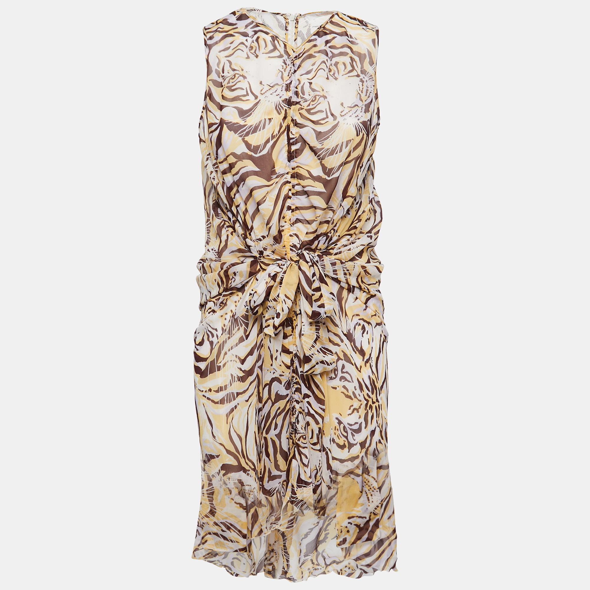 See By Chloe Brown/Yellow Tiger Print Silk Tie Waist Sleeveless Short Dress S