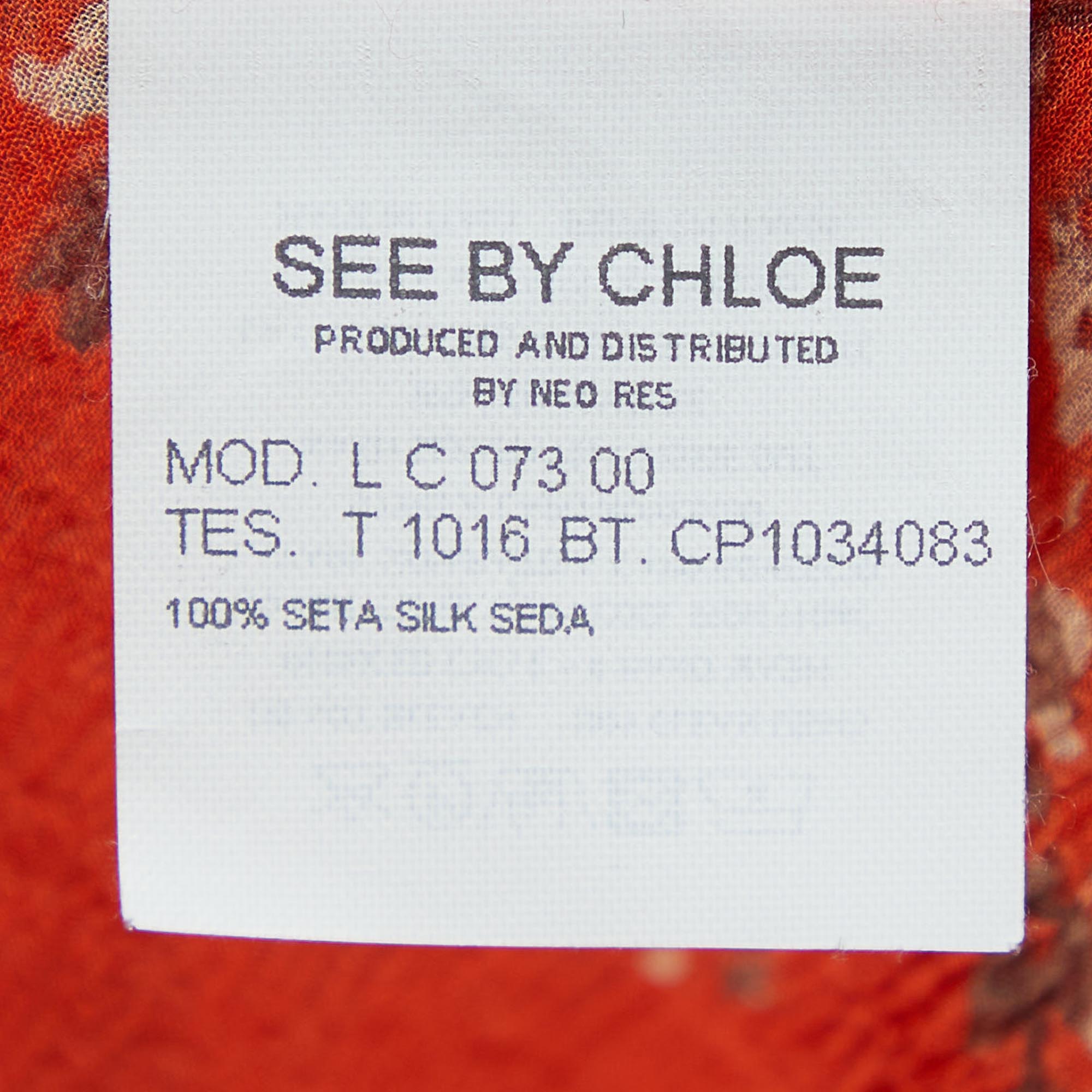 See By Chloe Orange Printed Silk Belted Ruffled Top M