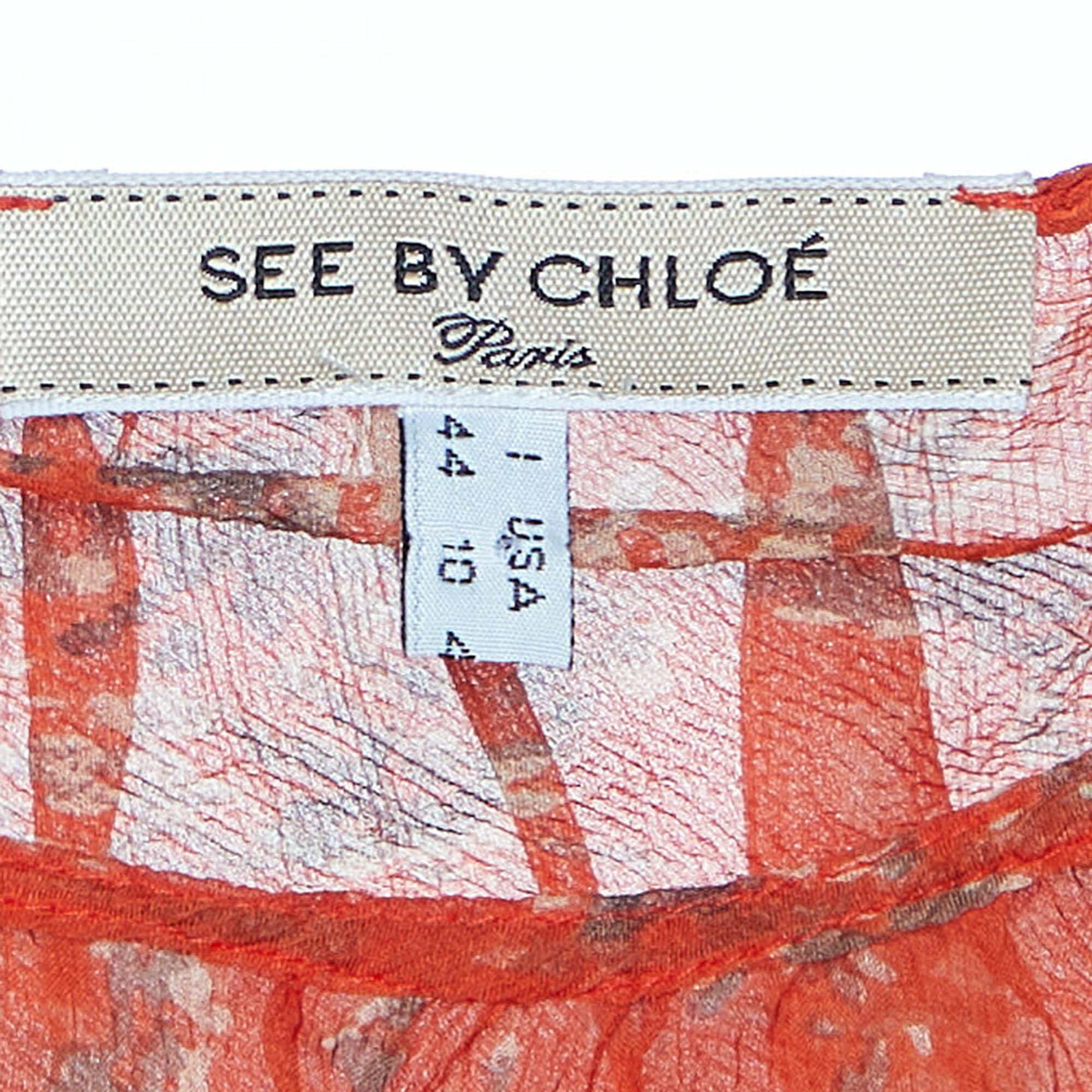 See By Chloe Orange Printed Silk Belted Ruffled Top M