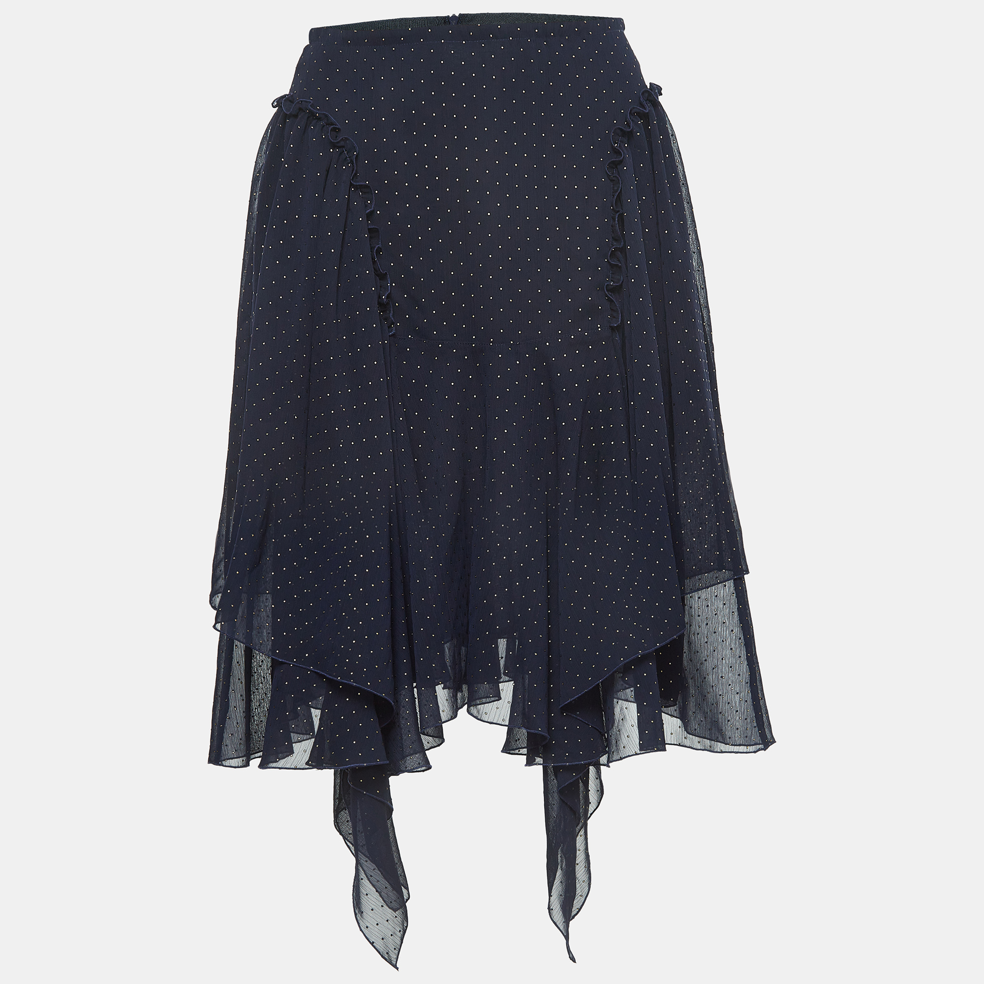 See By Chloe Navy Blue Dotted Chiffon Asymmetrical Skirt S