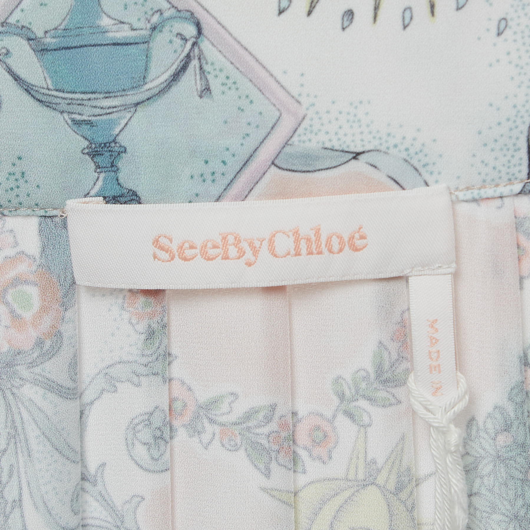 See By Chloe Pink Printed Pleated Crepe Midi Skirt S