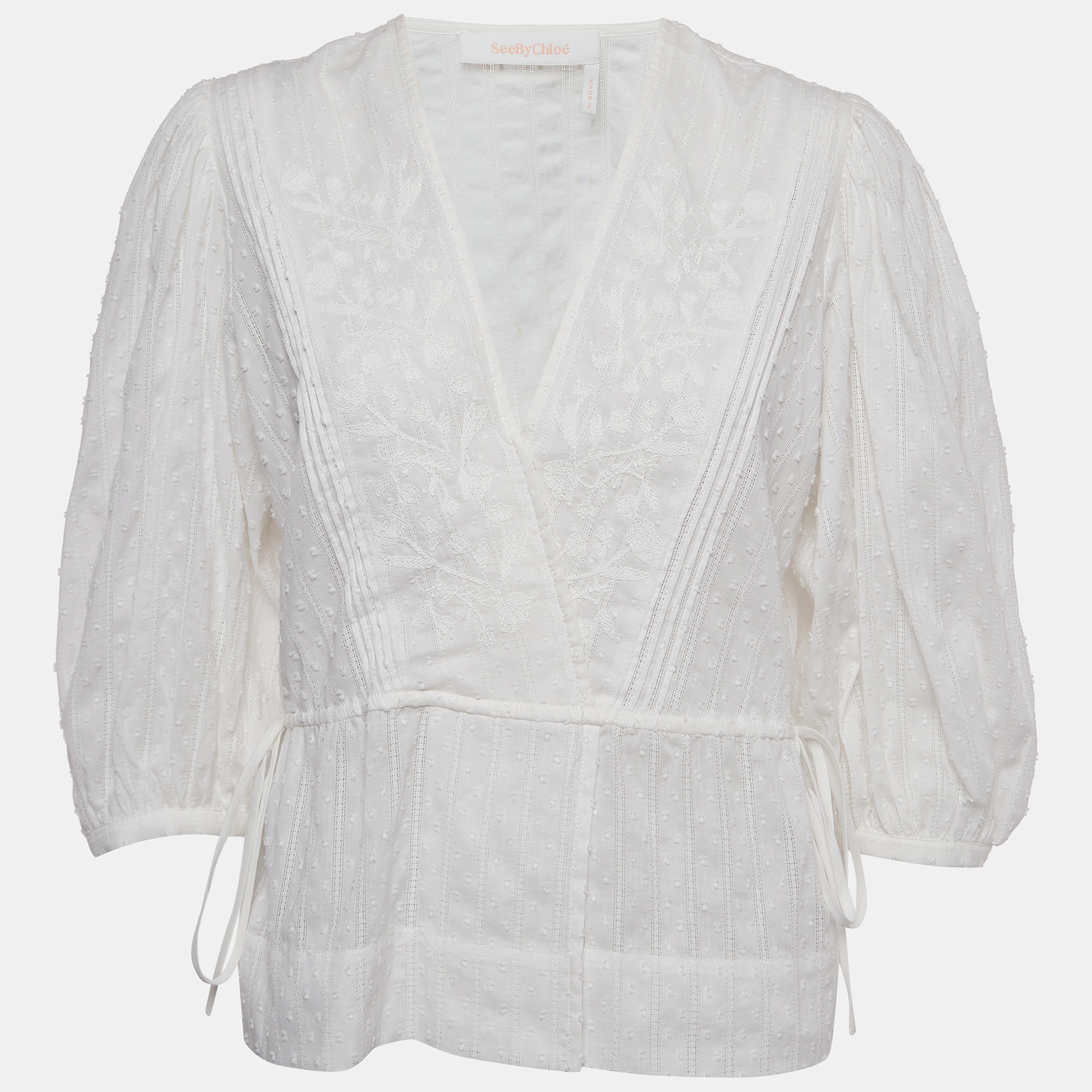 See By Chloé White Embroidered Cotton Drawstring Blouse M