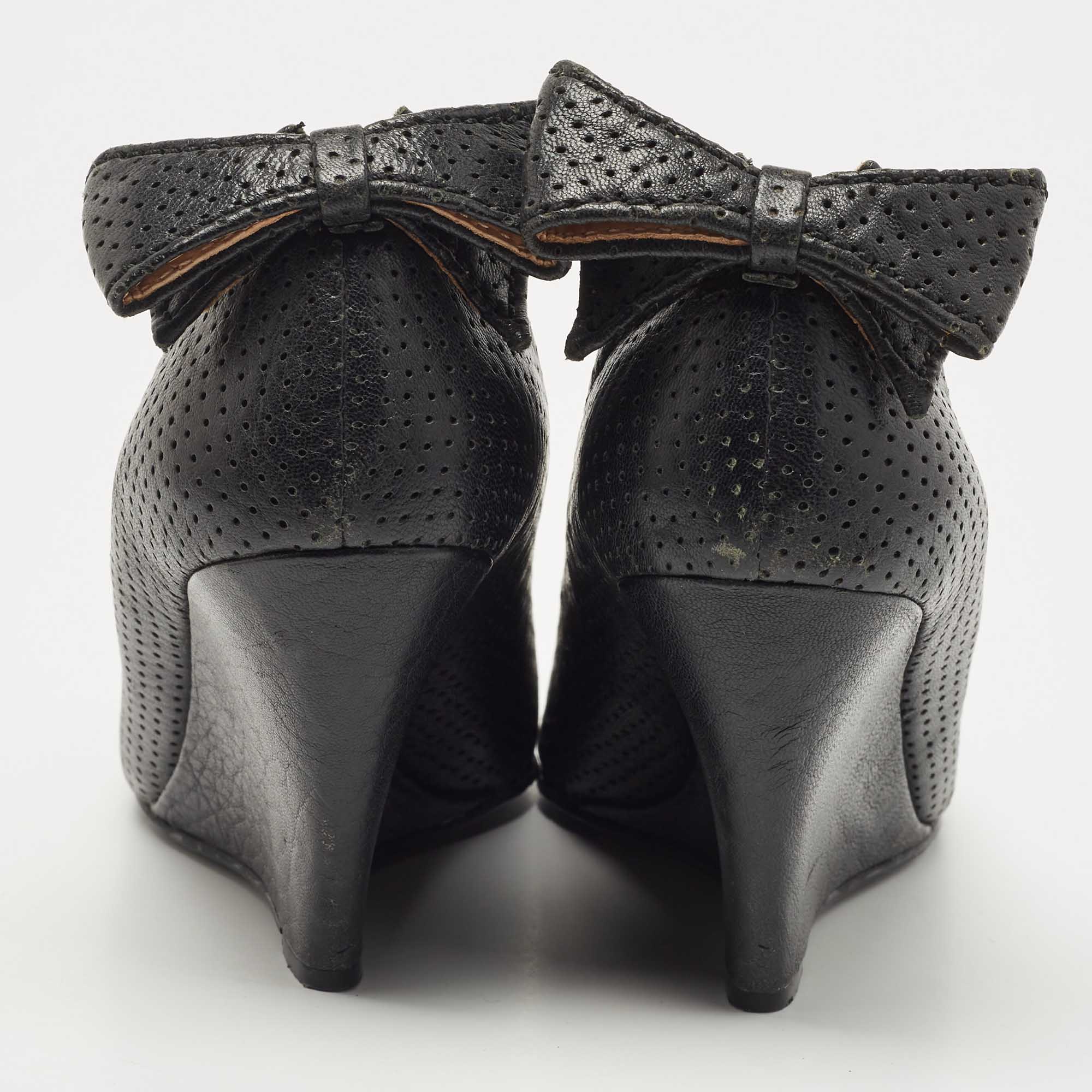 See By Chloe Black Perforated Leather Bow Wedge Pumps Size 38