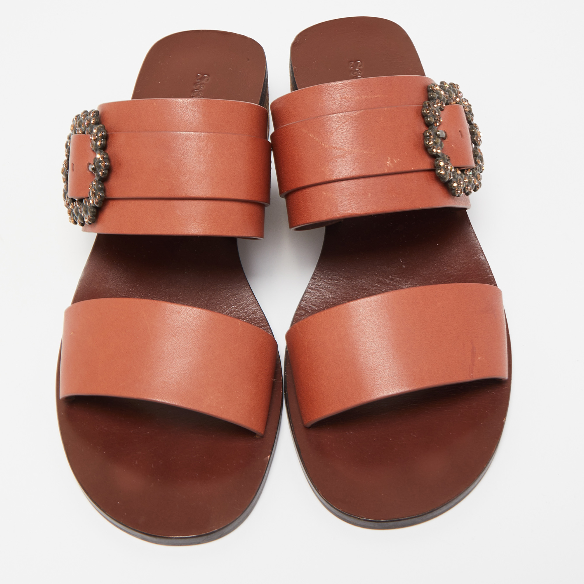 See By Chloe Brown Leather Buckle Detail Sandals Size 40