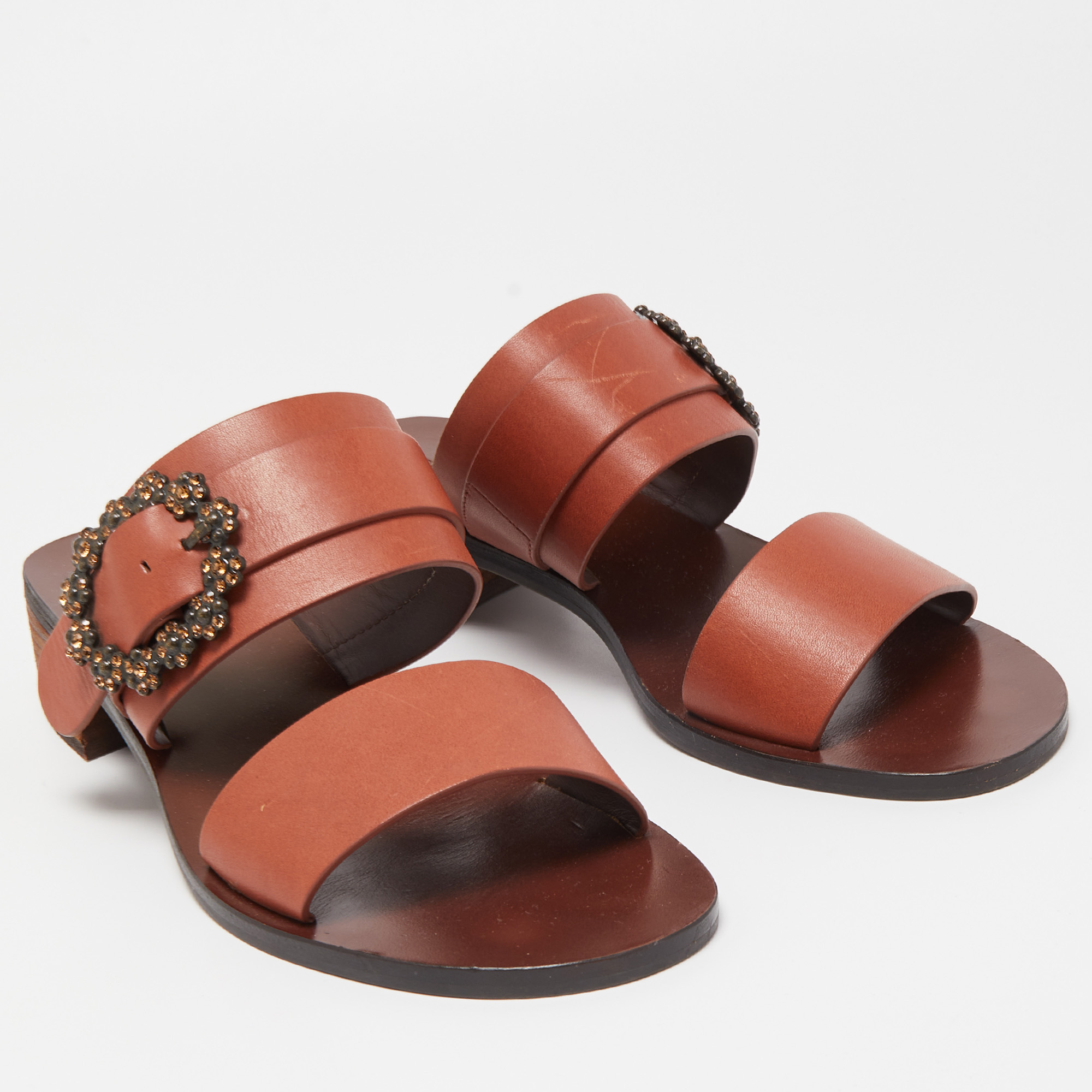 See By Chloe Brown Leather Buckle Detail Sandals Size 40