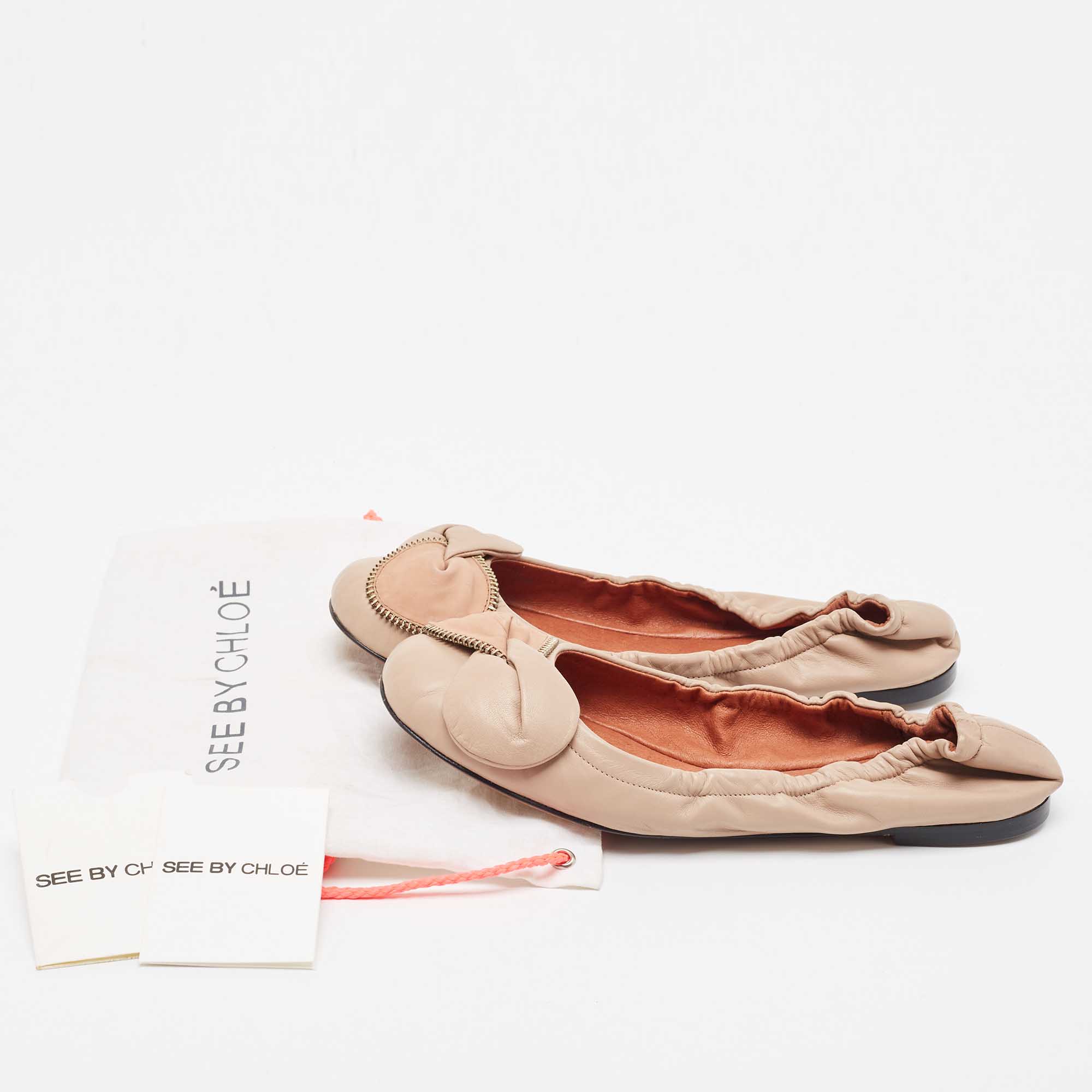 See By Chloe Beige Leather Scrunch Bow Ballet Flats Size 39.5