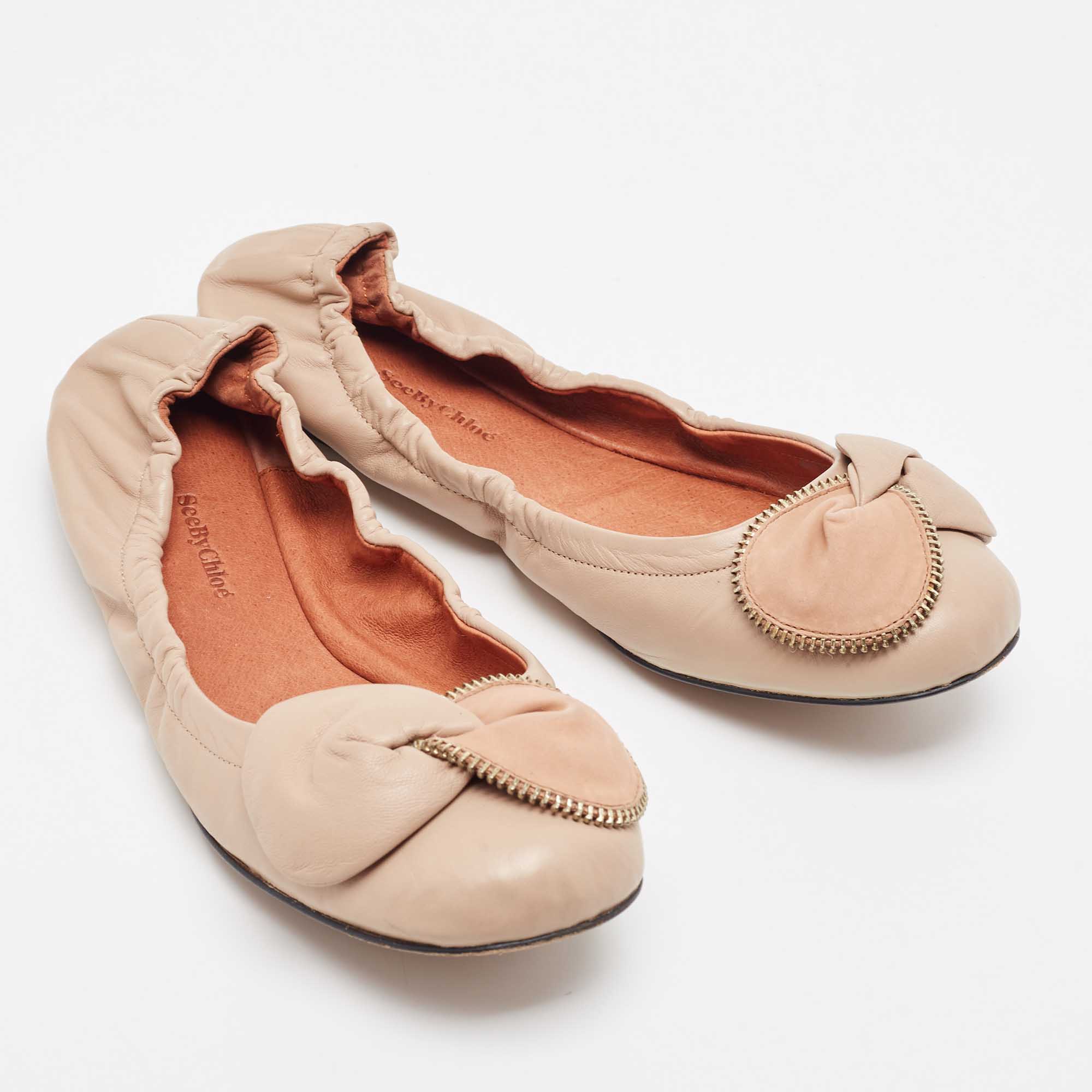 See By Chloe Beige Leather Scrunch Bow Ballet Flats Size 39.5