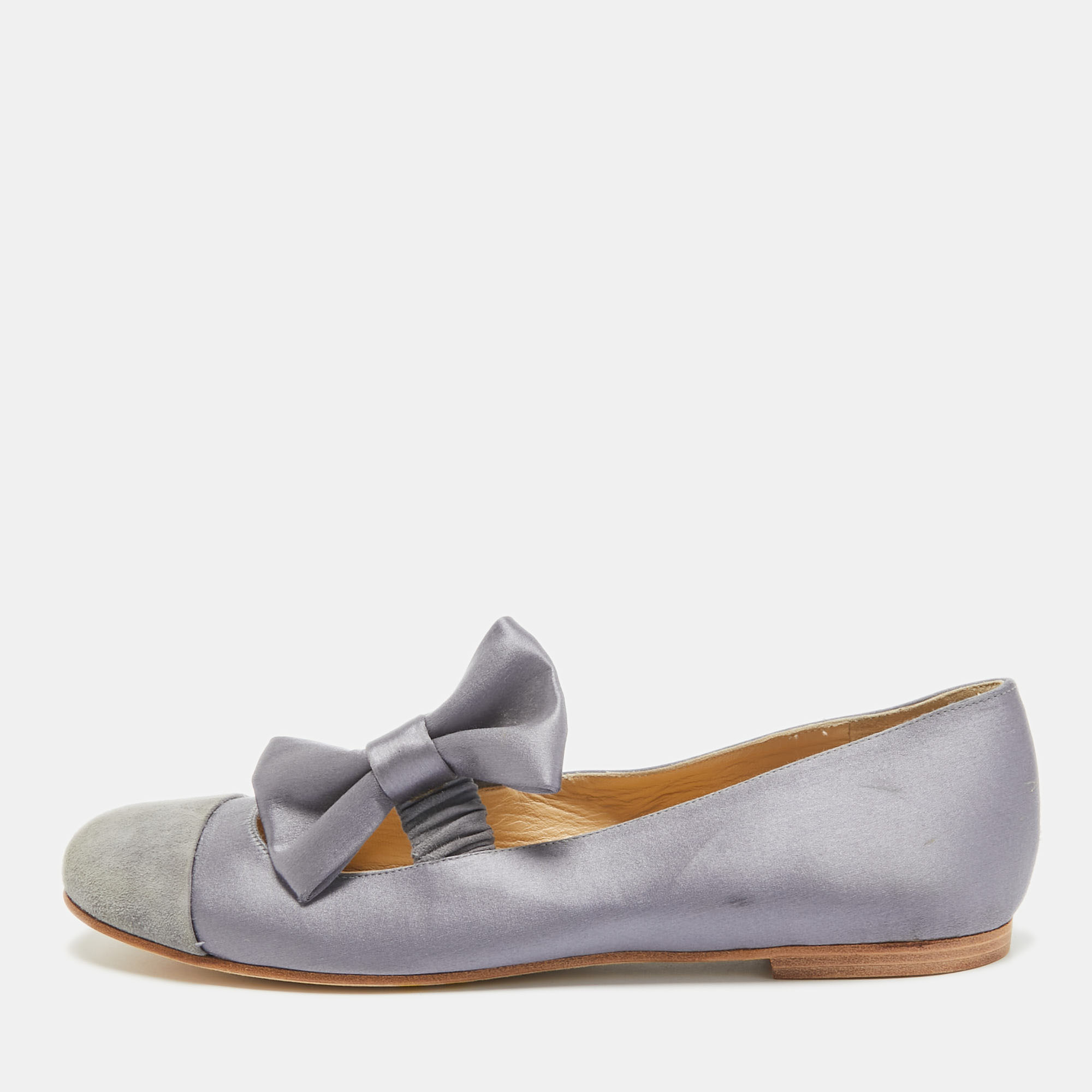 See by chloe grey suede and satin bow mary jane ballet flats size 37