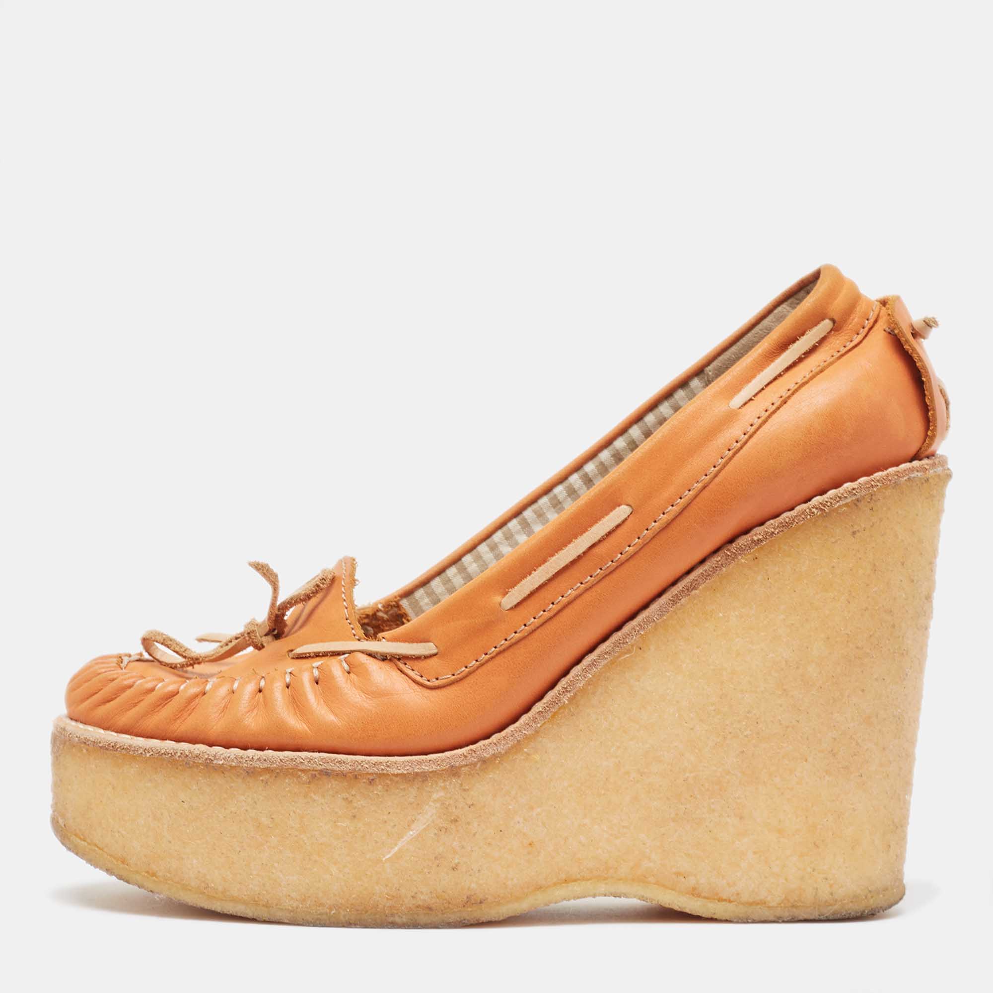 See by chloe orange leather wedge loafers pumps size 37