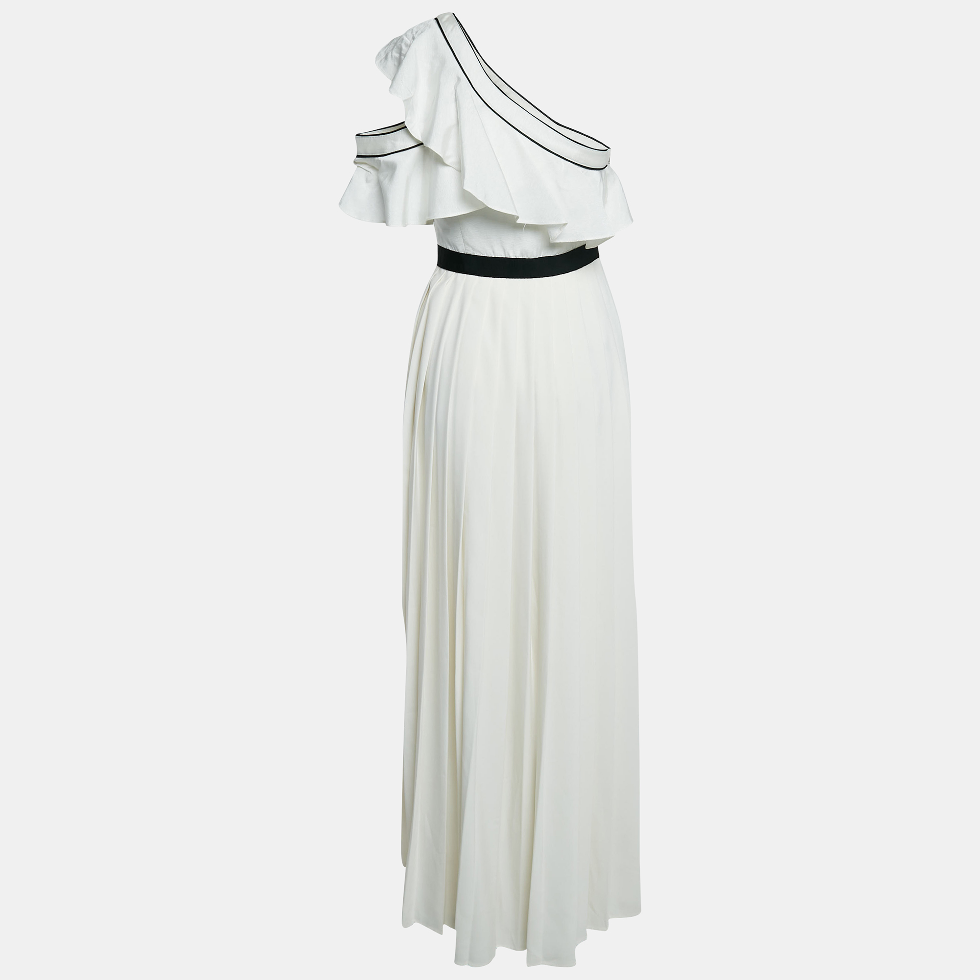 Self-Portrait White Crepe One-Shoulder Pleated Maxi Dress S