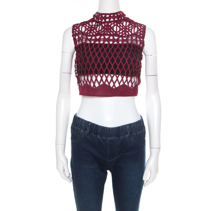 Image of Self Portrait Burgundy Cutout Lace Sleeveless Crop Top S