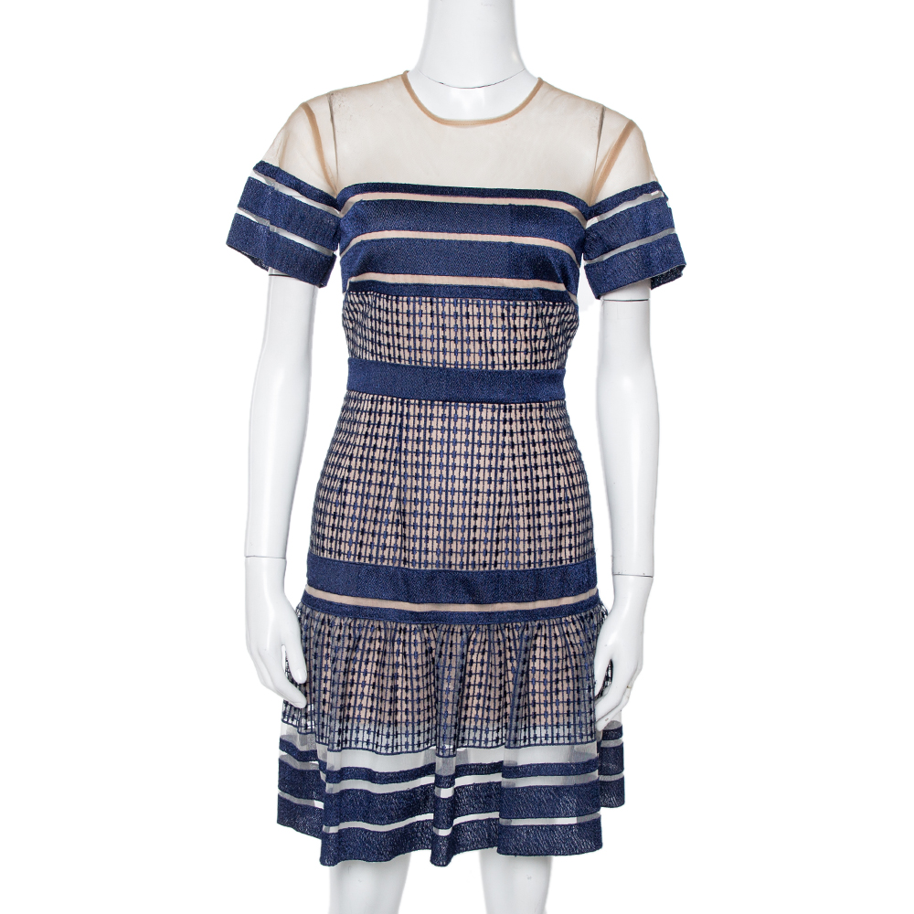 Image of Self Portrait Navy Blue Striped Mesh Peplum Dress S