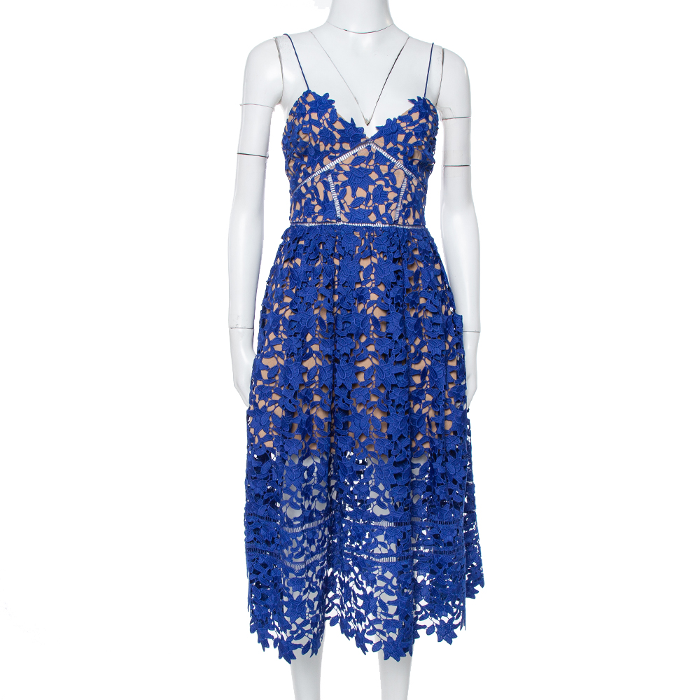 Image of Self-Portrait Blue Guipure Lace Azalea Midi Dress S