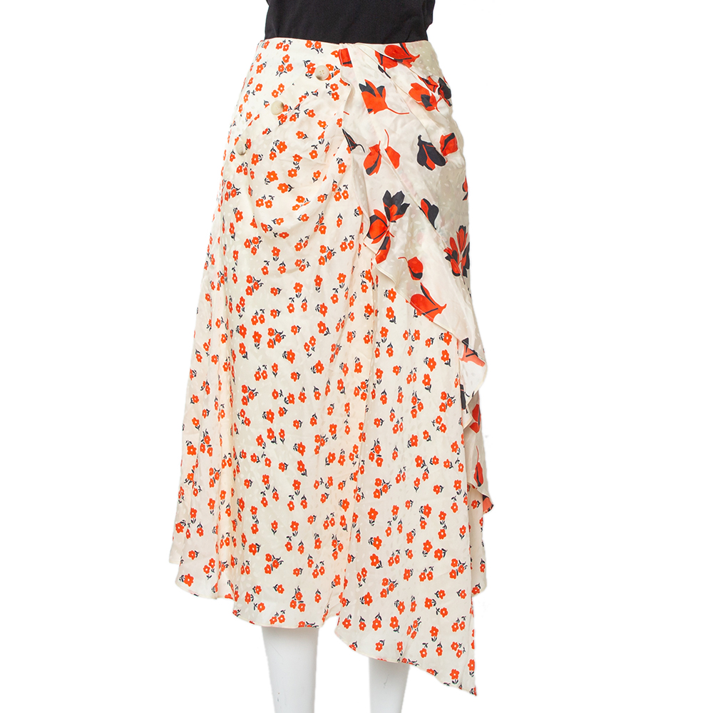 Self-Portrait Cream Floral Printed Satin Asymmetric Skirt M