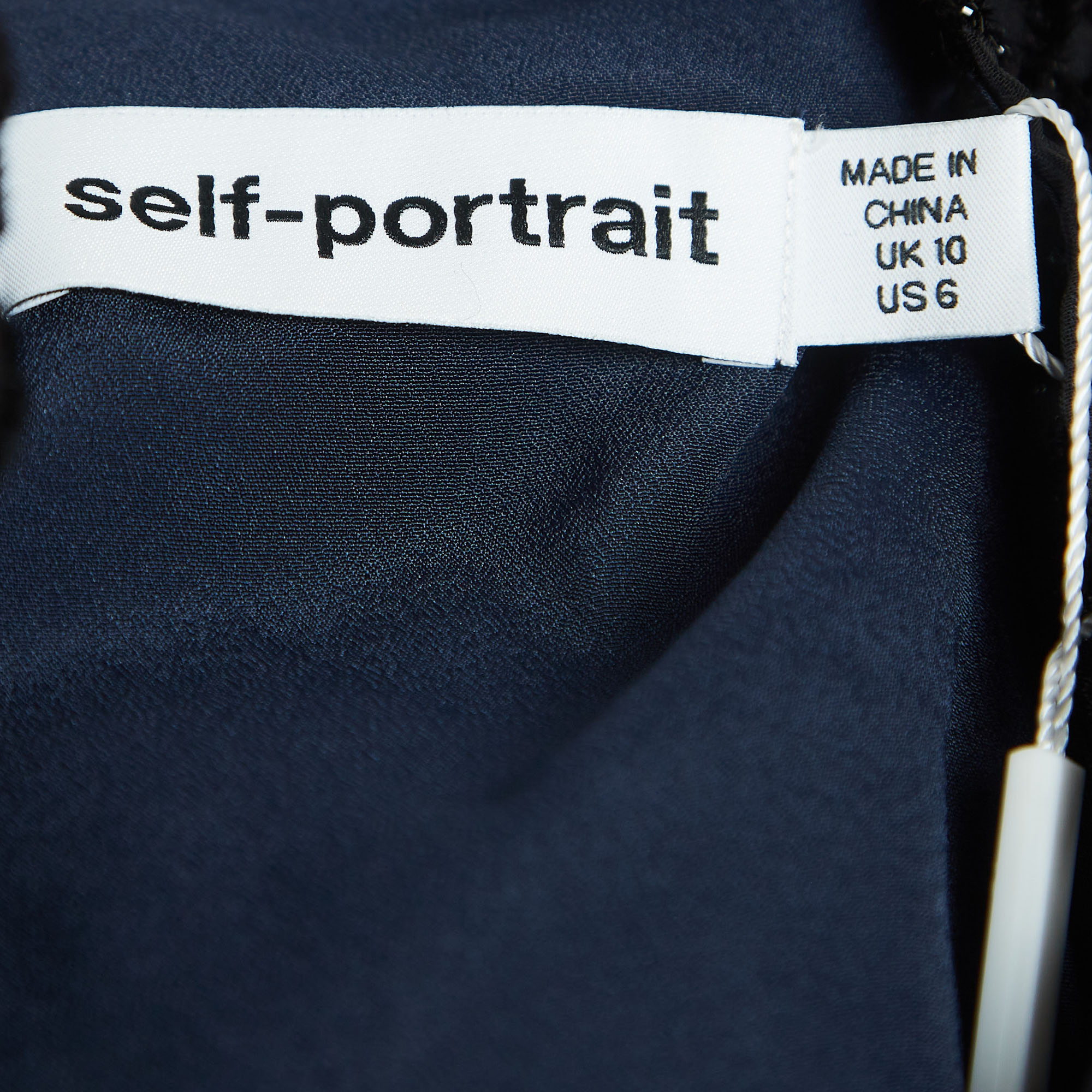 Self-Portrait Navy Blue/Black Textured Crepe Asymmetrical Peplum Top M