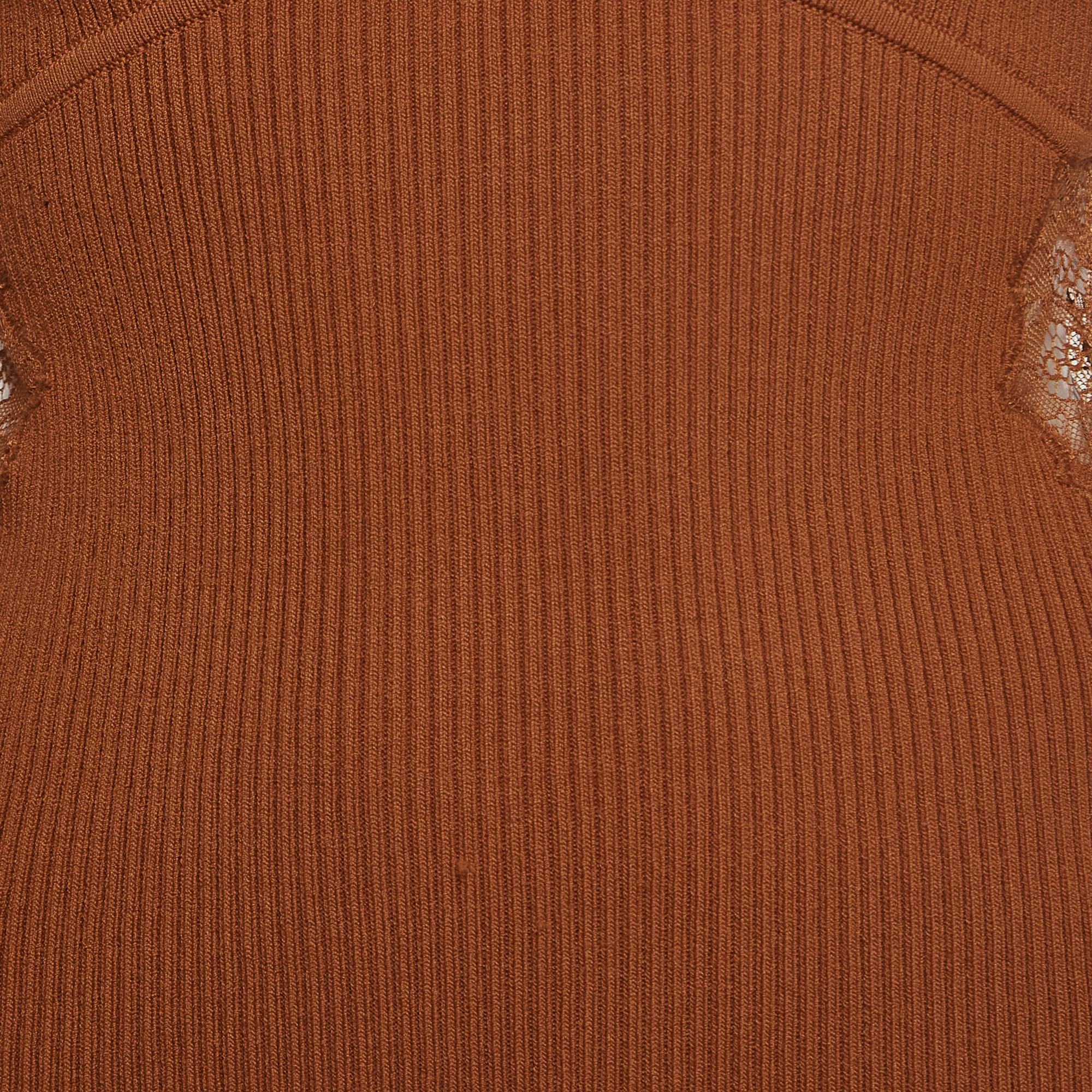Self-Portrait Brown Rib Knit Lace Detail Long Sleeve Top M