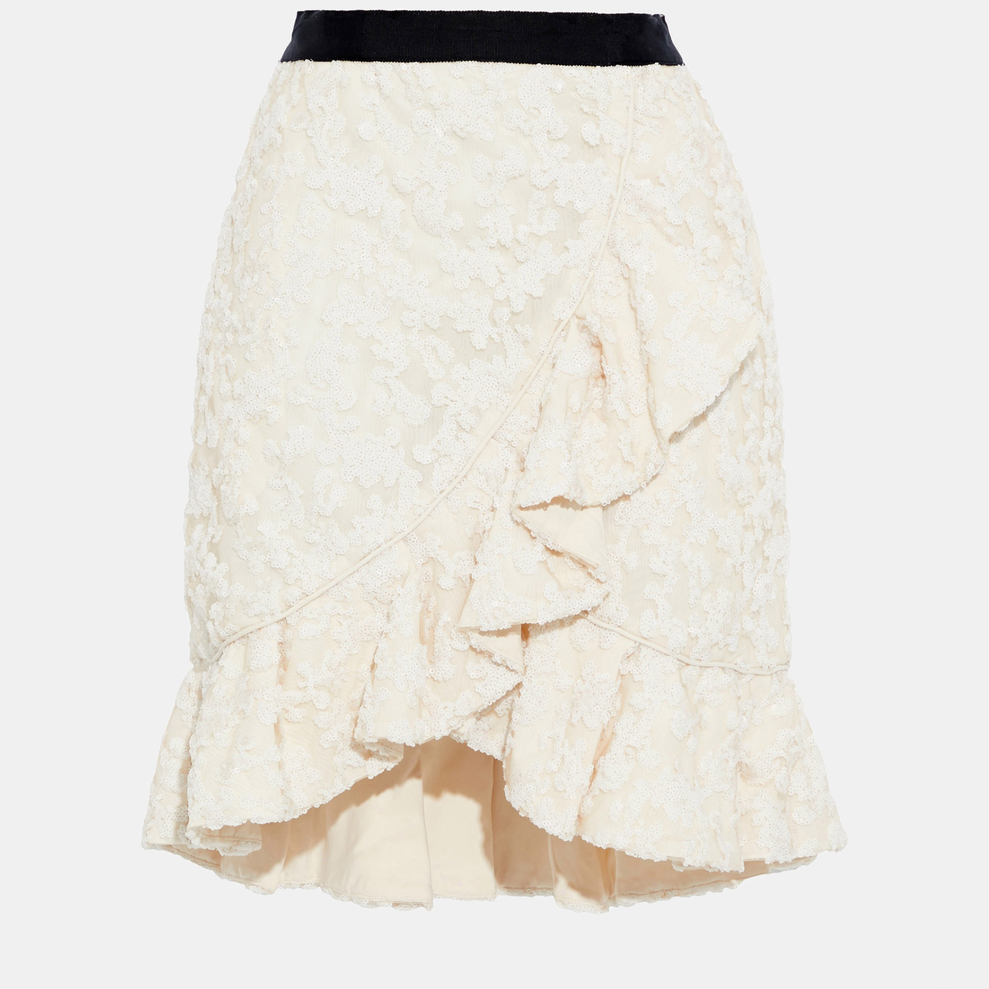 Self-portrait cream sequin embellished tulle mini skirt xs (uk 4)