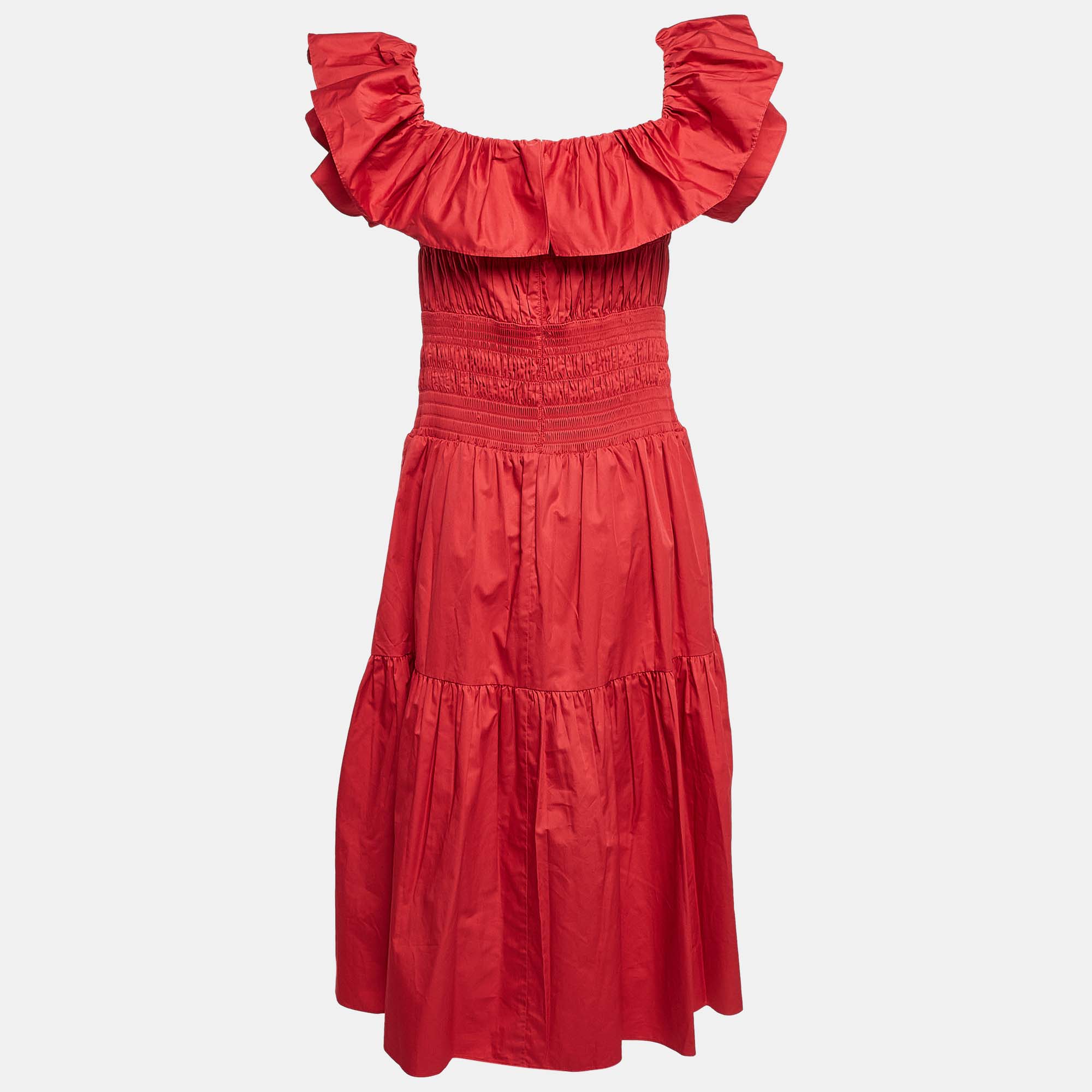 Self-Portrait Red Poplin Smocked Off-Shoulder Midi Dress L