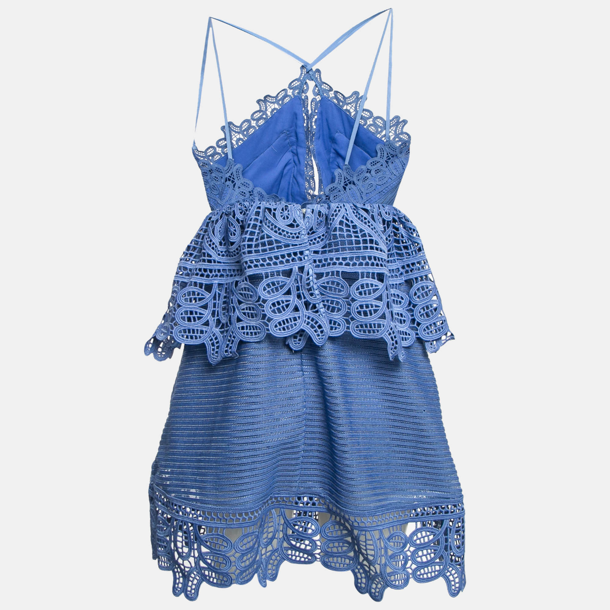 Self-Portrait Blue Guipure Lace Ruffled Mini Dress S