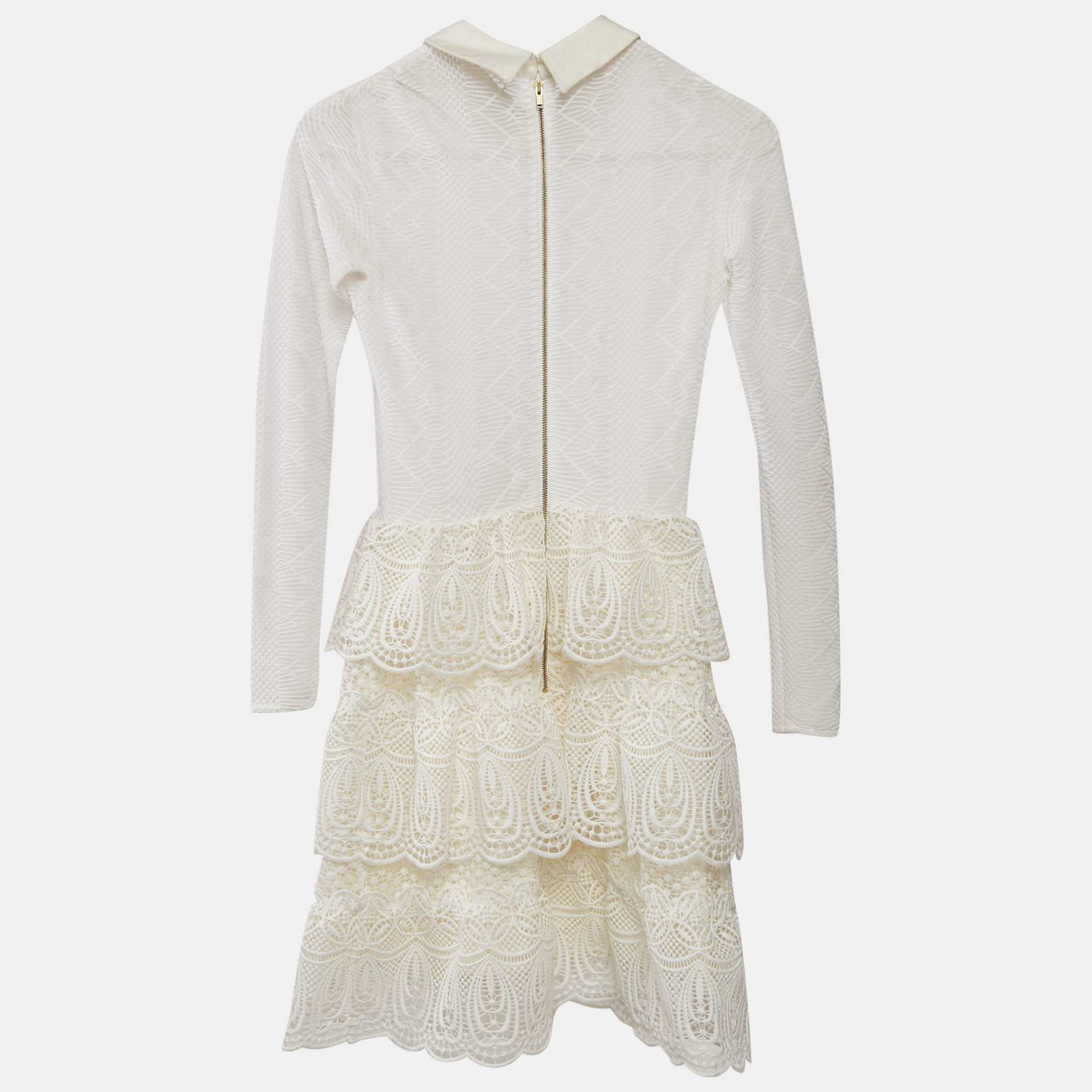 Self-Portrait White Lace Ruffled Full Sleeve Mini Dress S