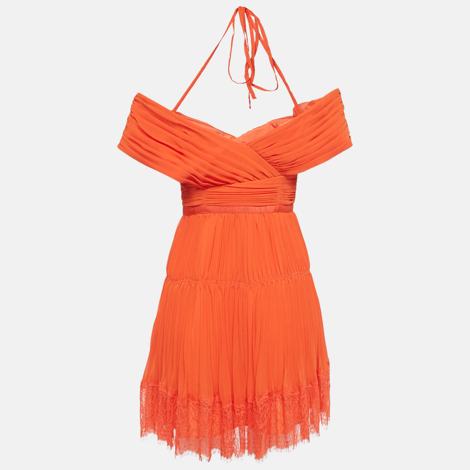 Self-Portrait Orange Lace Trim Chiffon Pleated Off-Shoulder Mini Dress S