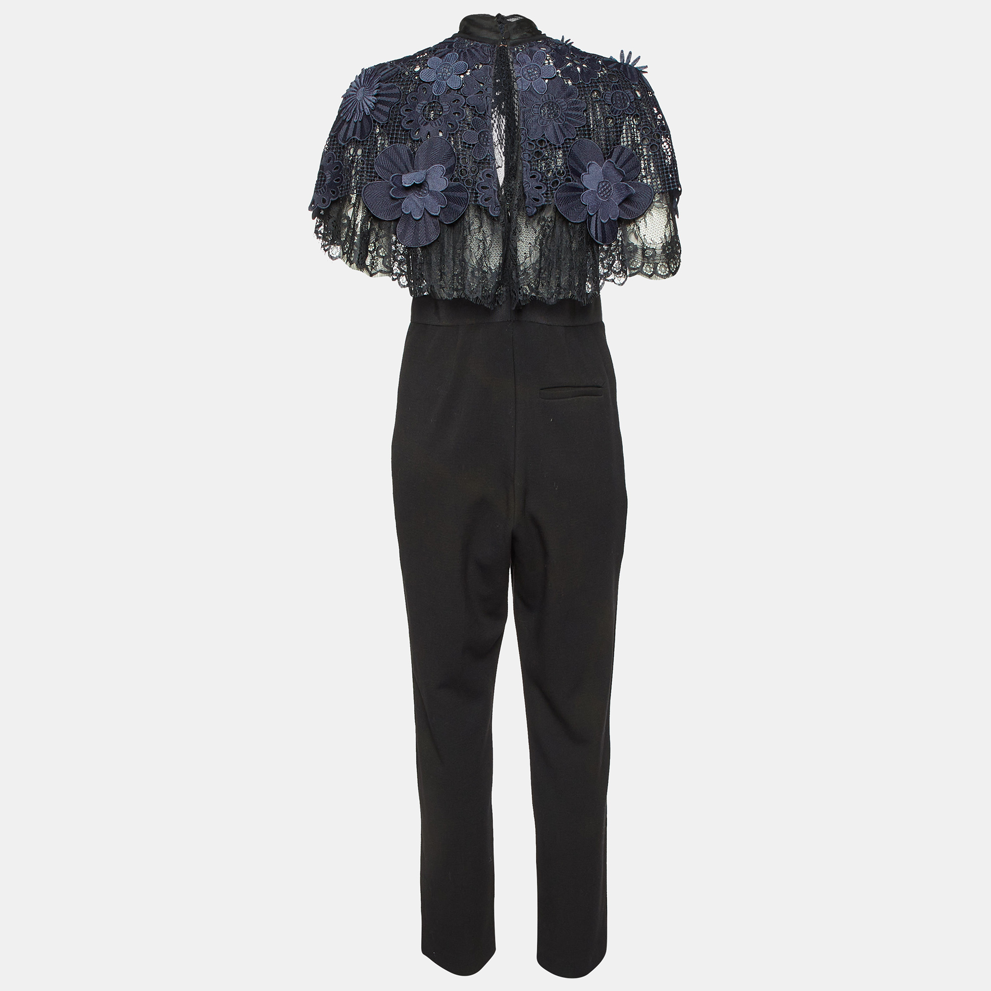 Self-Portrait Black/Blue Cady & Lace Ruffled Tie-Neck Jumpsuit M