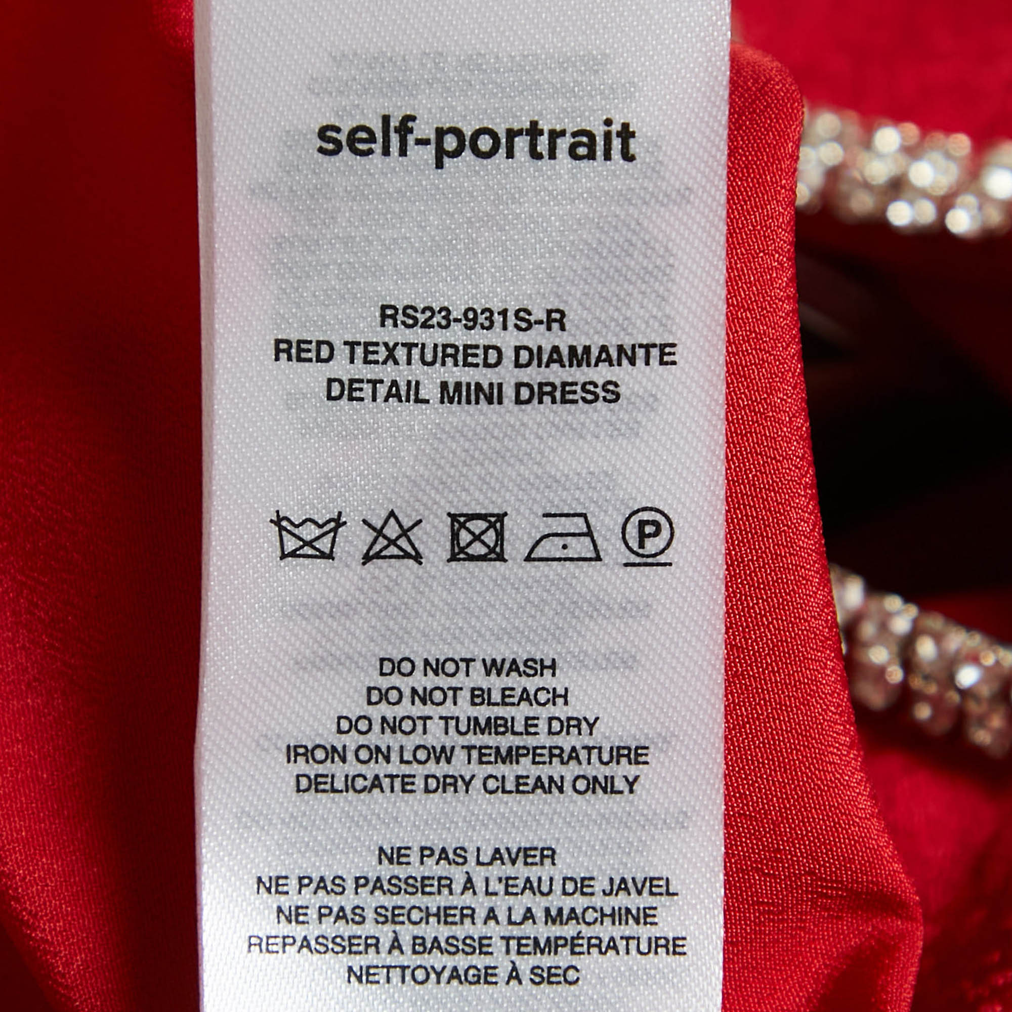 Self-Portrait Red Textured Crepe Diamante Detail Mini Dress L