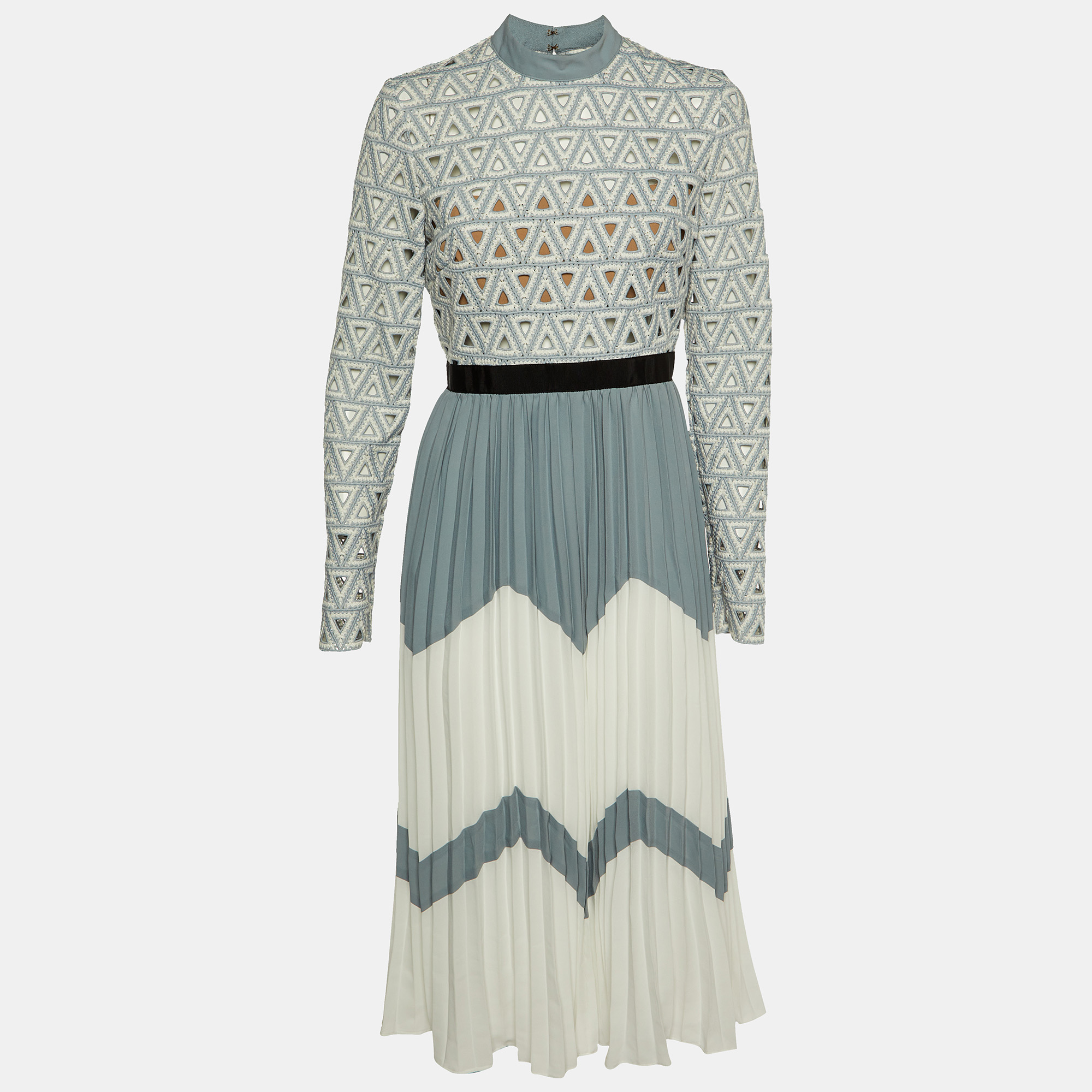 Self-Portrait Grey/White Crochet Lace & Crepe Pleated Midi Dress M