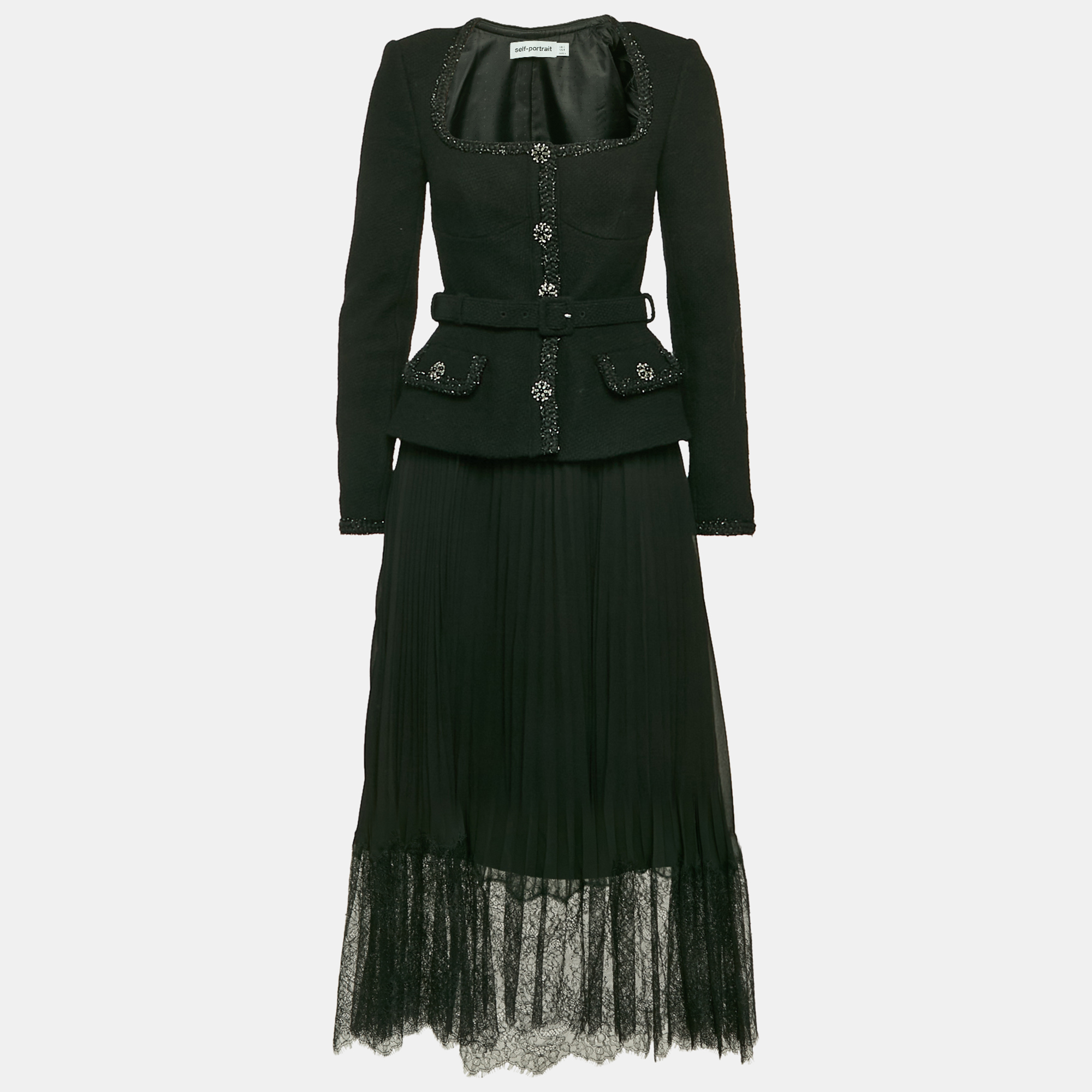 Self-Portrait Black Tweed and Chiffon Pleated Tailored Bodice Midi Dress M
Self-Portrait Black Tweed and Chiffon Pleated Tailored Bodice Midi Dress M