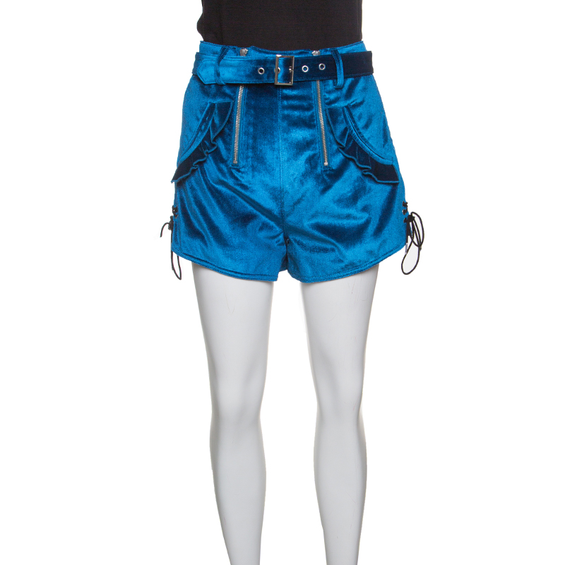 

Self Portrait Peacock Blue Velvet Lace-up Cuff Belted High Waist Shorts