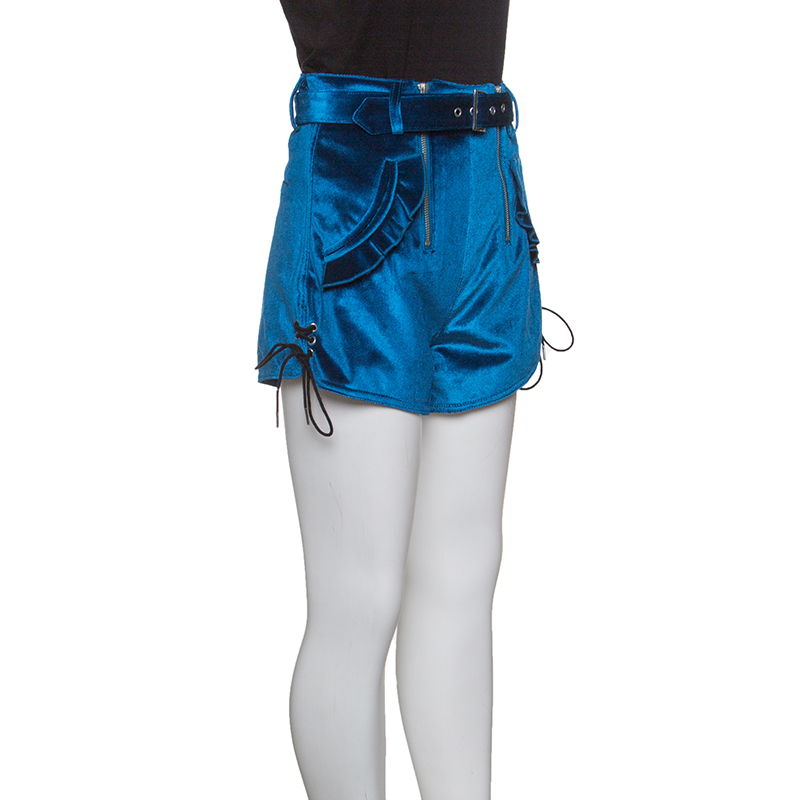 Self Portrait Peacock Blue Velvet Lace-up Cuff Belted High Waist Shorts S