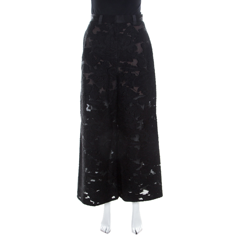 Image of Self Portrait Black Embroidered Organza and Lace High Waist Flared Trousers S