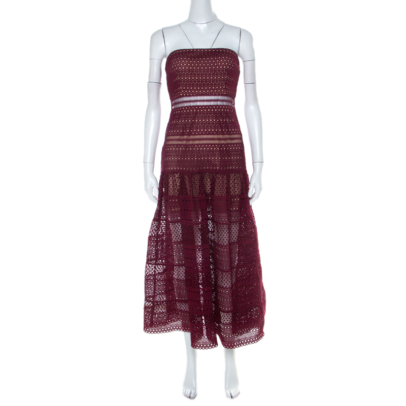 Image of Self Portrait Burgundy Guipure Lace Strapless Drop Waist Midi Dress S