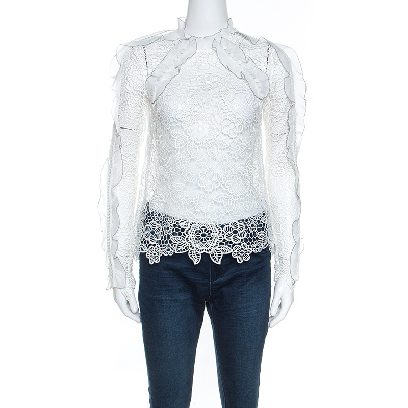 Image of Self Portrait White Cutout Ruffle Detail Guipure Lace Top S