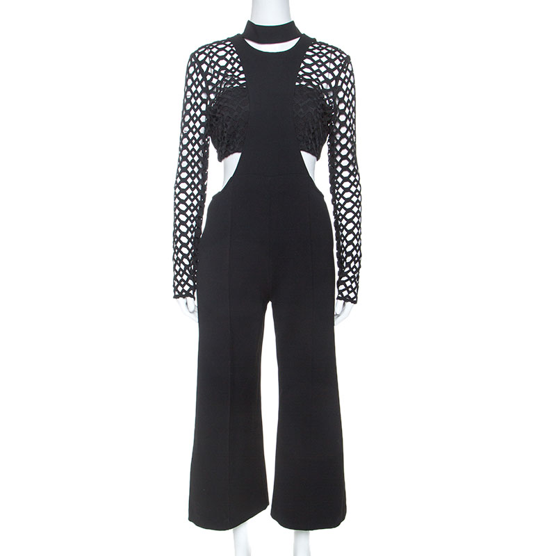 Image of Self Portrait Black Lace Insert Cropped Bodice Jumpsuit M