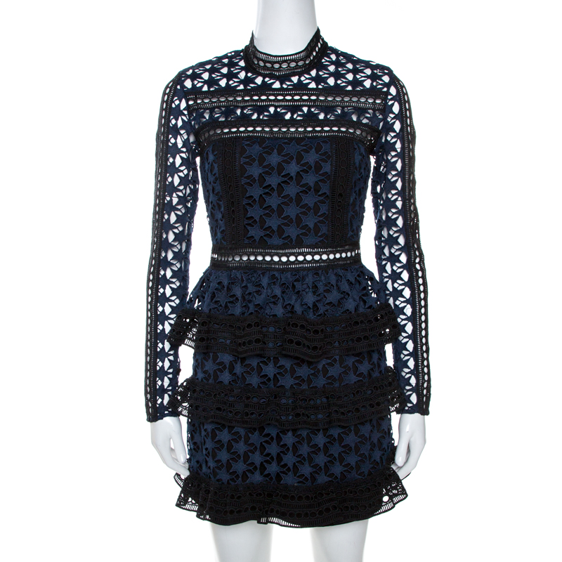 Self Portrait Navy Blue & Black Star Pattern Lace High Neck Tiered Dress S