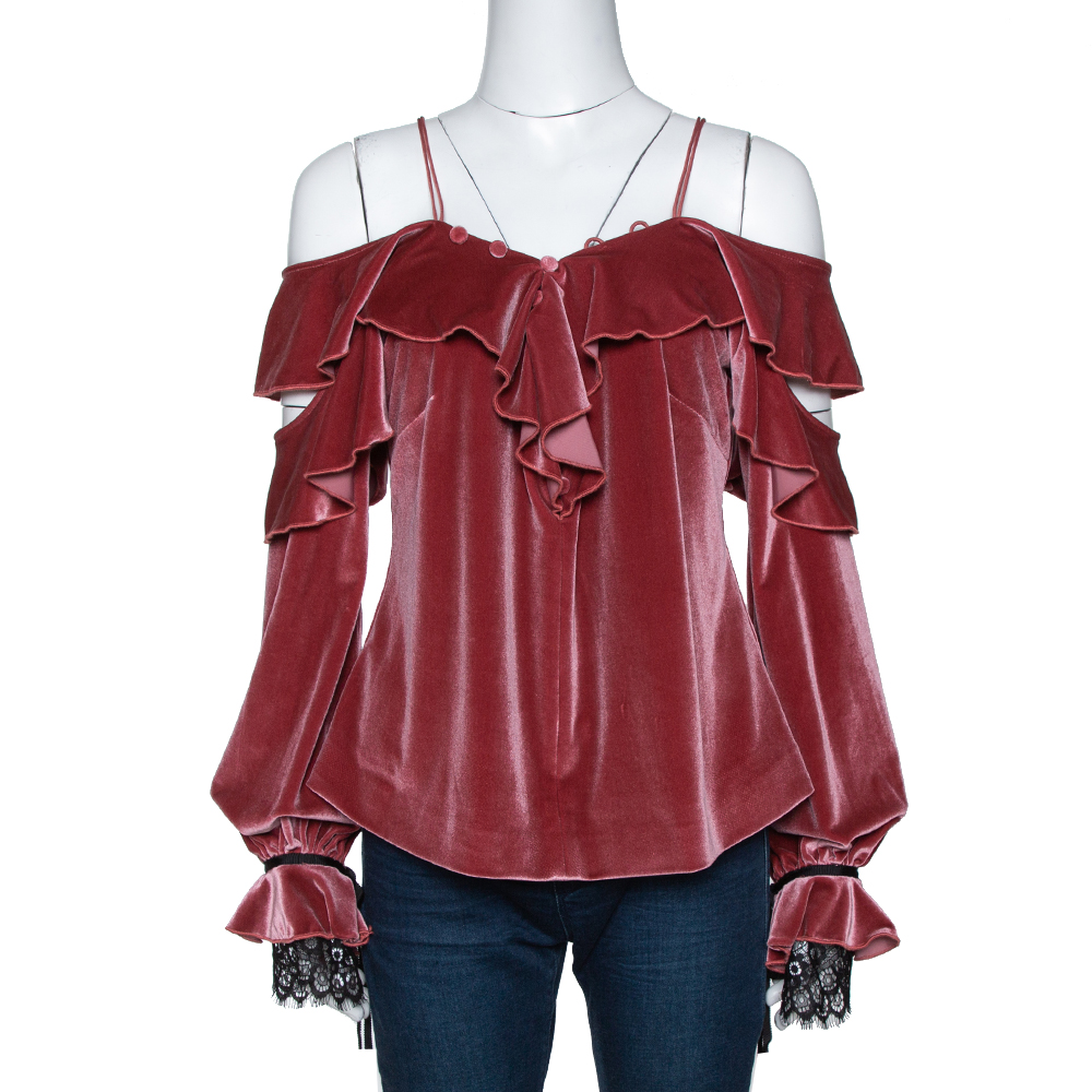 Image of Self-Portrait Pink Velvet Ruffled Off Shoulder Top L