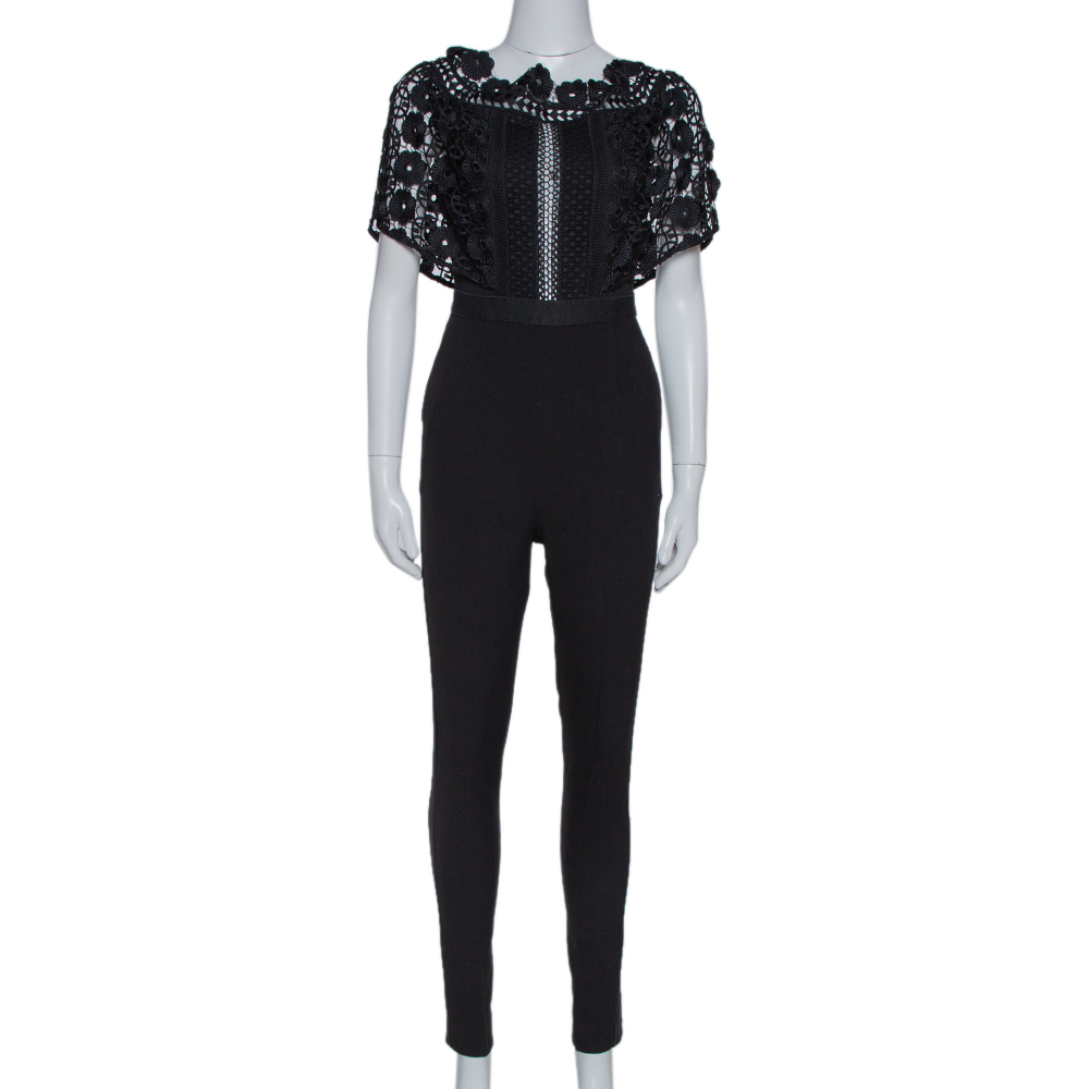 Image of Self-Portrait Black Guipure Lace & Crepe Serena Jumpsuit S