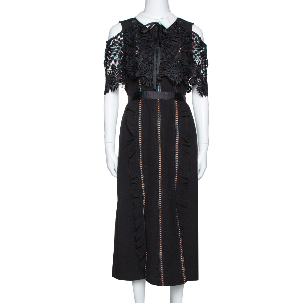 Image of Self Portrait Black Crepe Lace Overlay Hinkley Midi Dress M