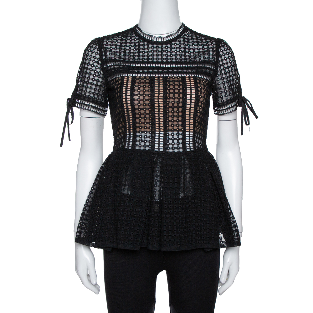 Image of Self-Portrait Black Eyelet Lace Peplum Top S